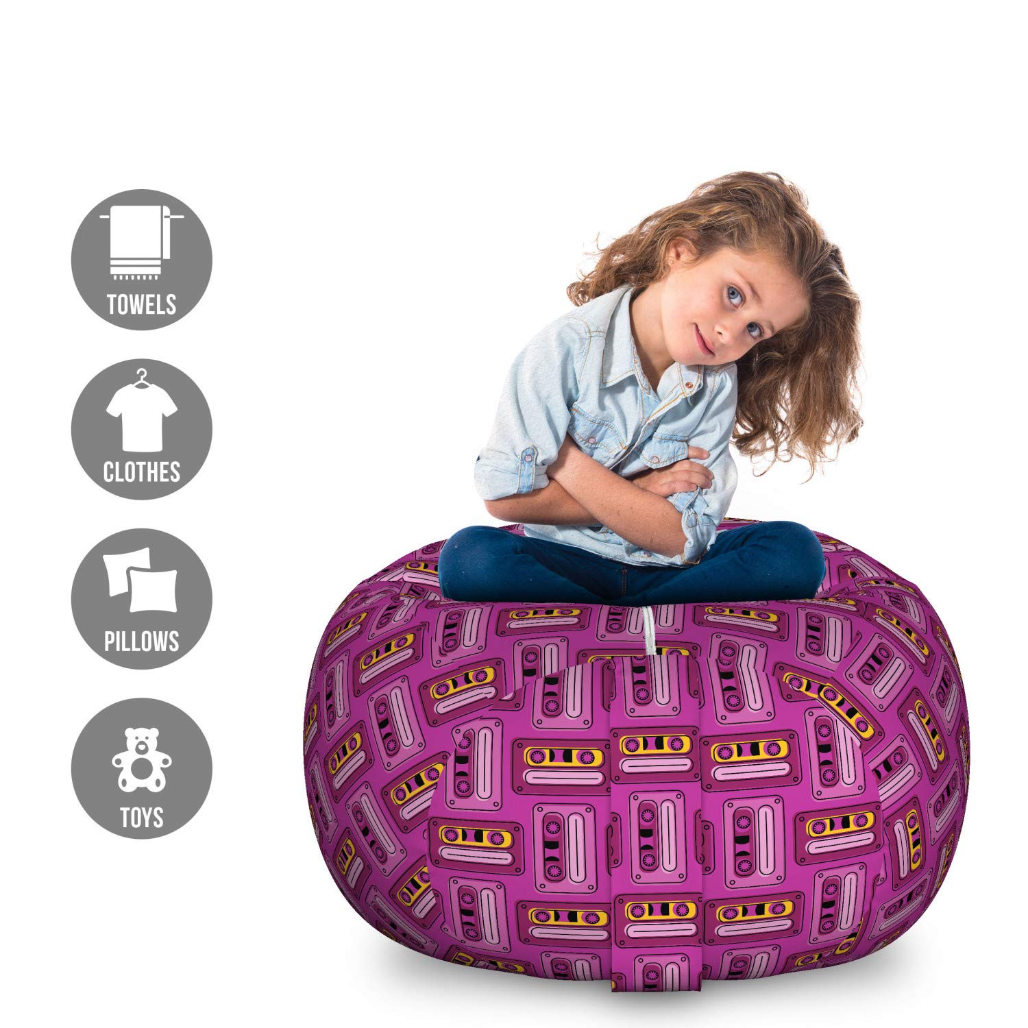 Ambesonne Retro Storage Toy Bag Chair - Vintage Cassette Tapes 90s Design, Washable Stuffed Animal Organizer (Large, Yellow & Pink) - Perfect for Kids' Room, Playroom & Nursery Organization