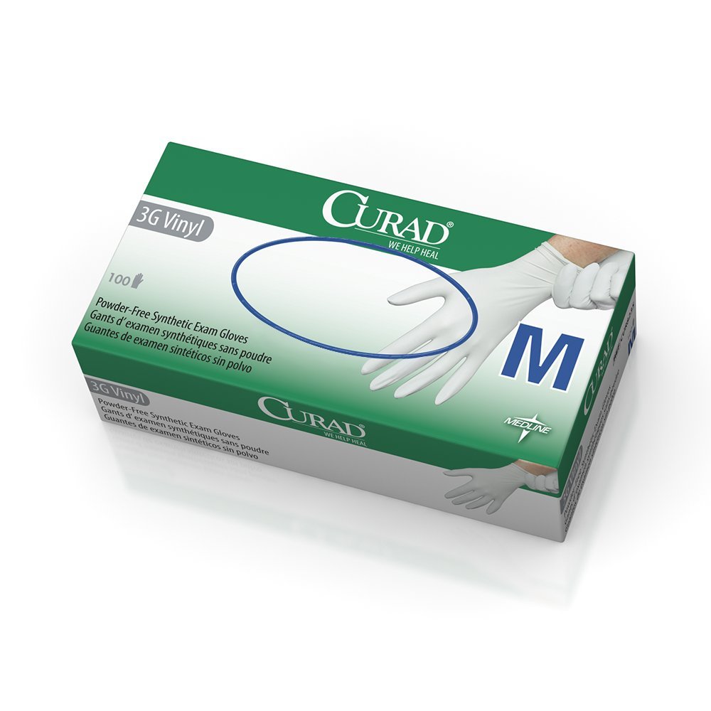 Curad 3G Vinyl Exam Gloves - Powder-Free, Synthetic, Medium Size (9