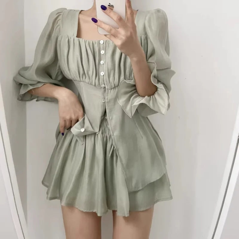 2023 Women's Summer Outfits - Long Sleeve Blouse & Thin Shorts 2-Piece Set | Pure Color Fairy Style | Perfect for Beach Vacations, Date Nights & Casual Outings