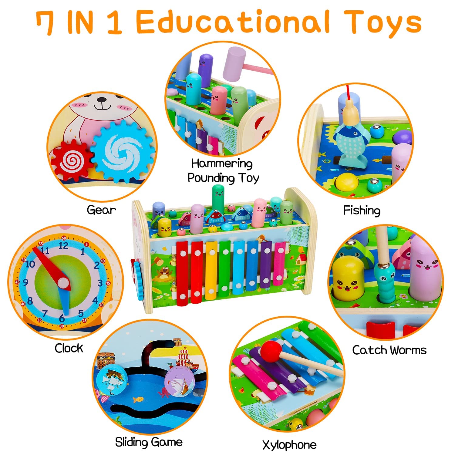 7 in 1 Montessori Wooden Toddler Toys for 1-3 Year Old Boys & Girls - Educational Hammering Pounding Toy with Whack-a-Mole, Fishing Game & Xylophone - Perfect Birthday Gift for 2+ Kids - Ideal for Early Learning, Sensory Play & Fine Motor Skills Development