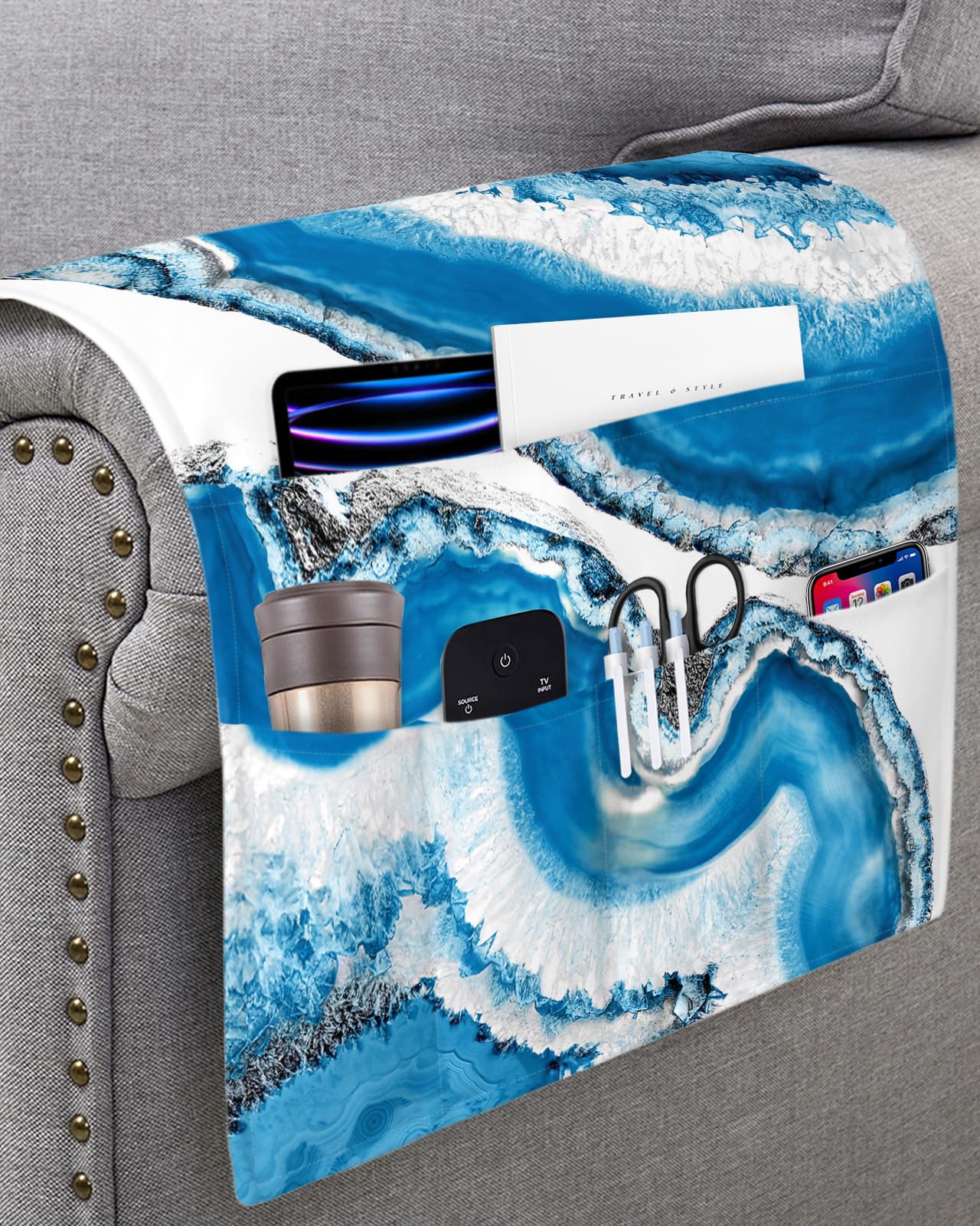 Blue Agate Remote Control Holder - Modern White Marble Geometric Couch Caddy with 5 Pockets for Phone, Cup & Magazine (19.7