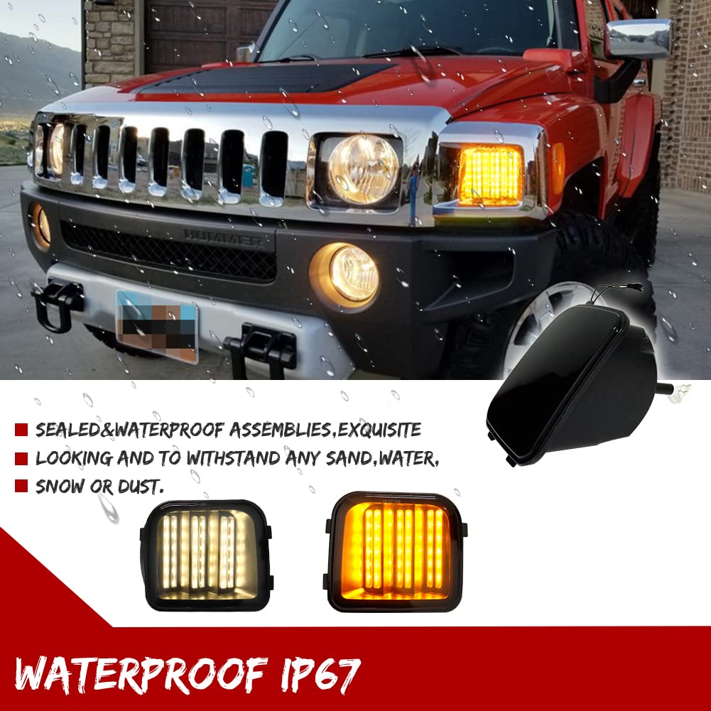Smoked Lens Switchback White/Amber Sequential LED Turn Signal Lights - Compatible with 2006-2010 Hummer H3 & H3T - Front Bumper Corner Side Marker Parking Lights - Upgrade Your Ride for Enhanced Visibility & Style