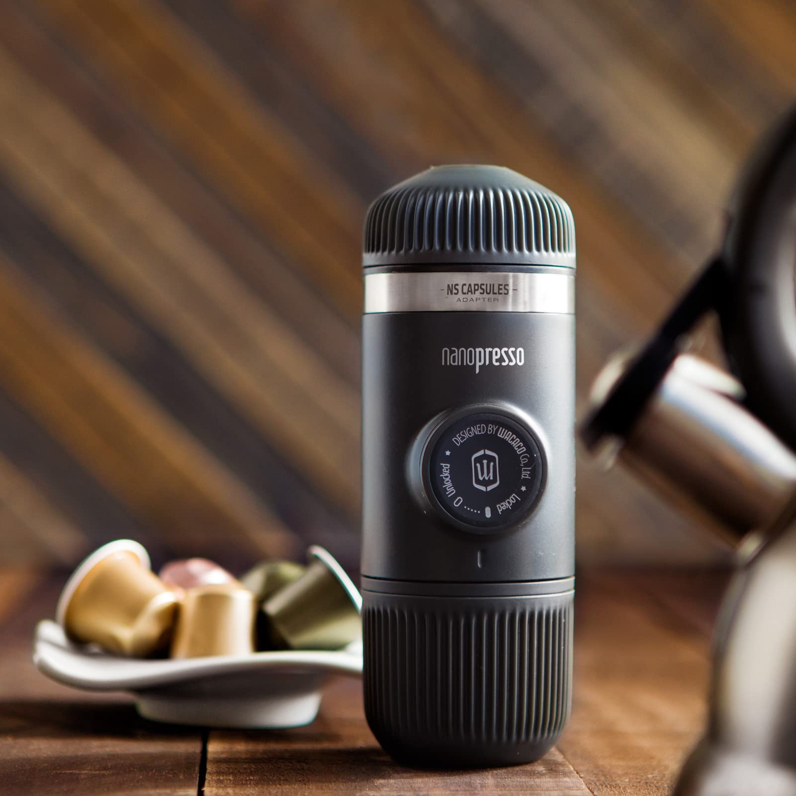 WACACO Nanopresso Portable Espresso Maker with NS Adapter - Hand Pump Travel Coffee Machine for Nespresso Capsules & Ground Coffee - Perfect for Camping, Hiking & Outdoor Adventures