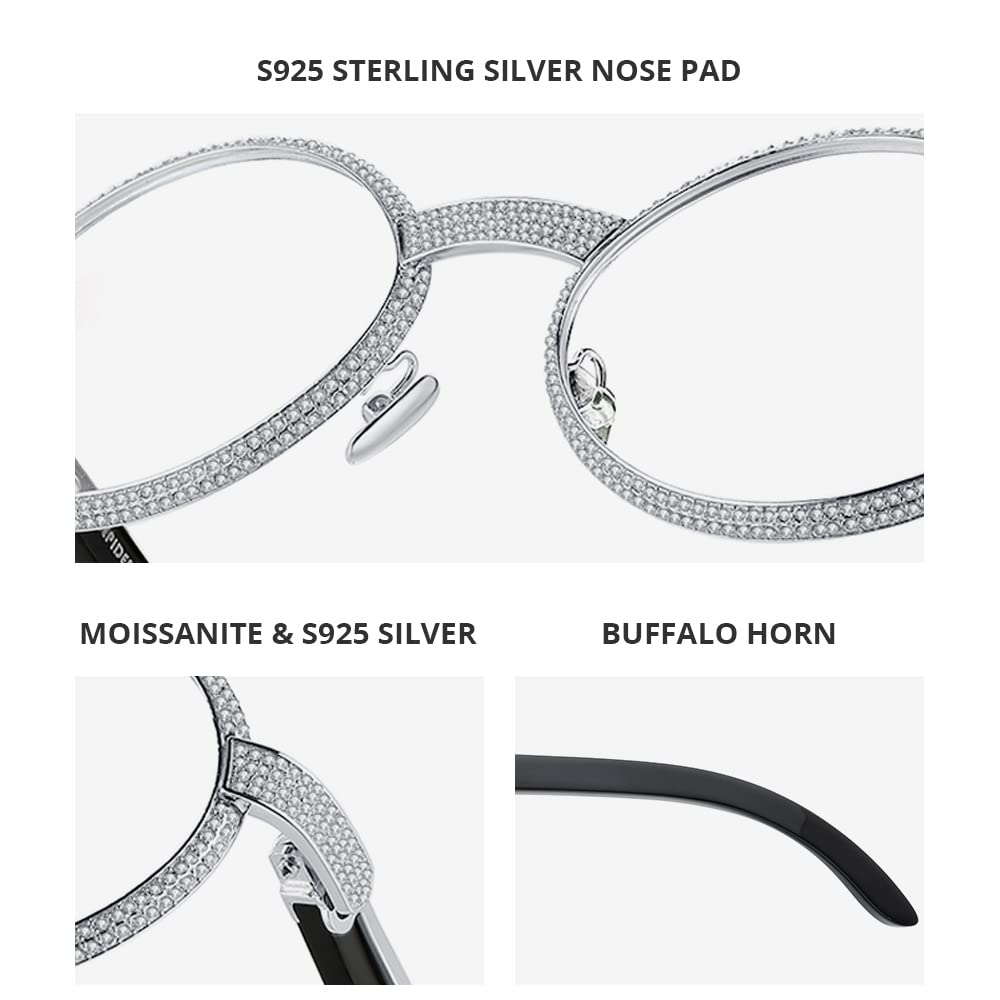 HEPIDEM 925 Sterling Silver Moissanite Buffalo Horn Glasses Frame - 560pcs Luxury Eyeglasses for Men & Women | Perfect for Reading, Fashion Accessories, and Gift Giving