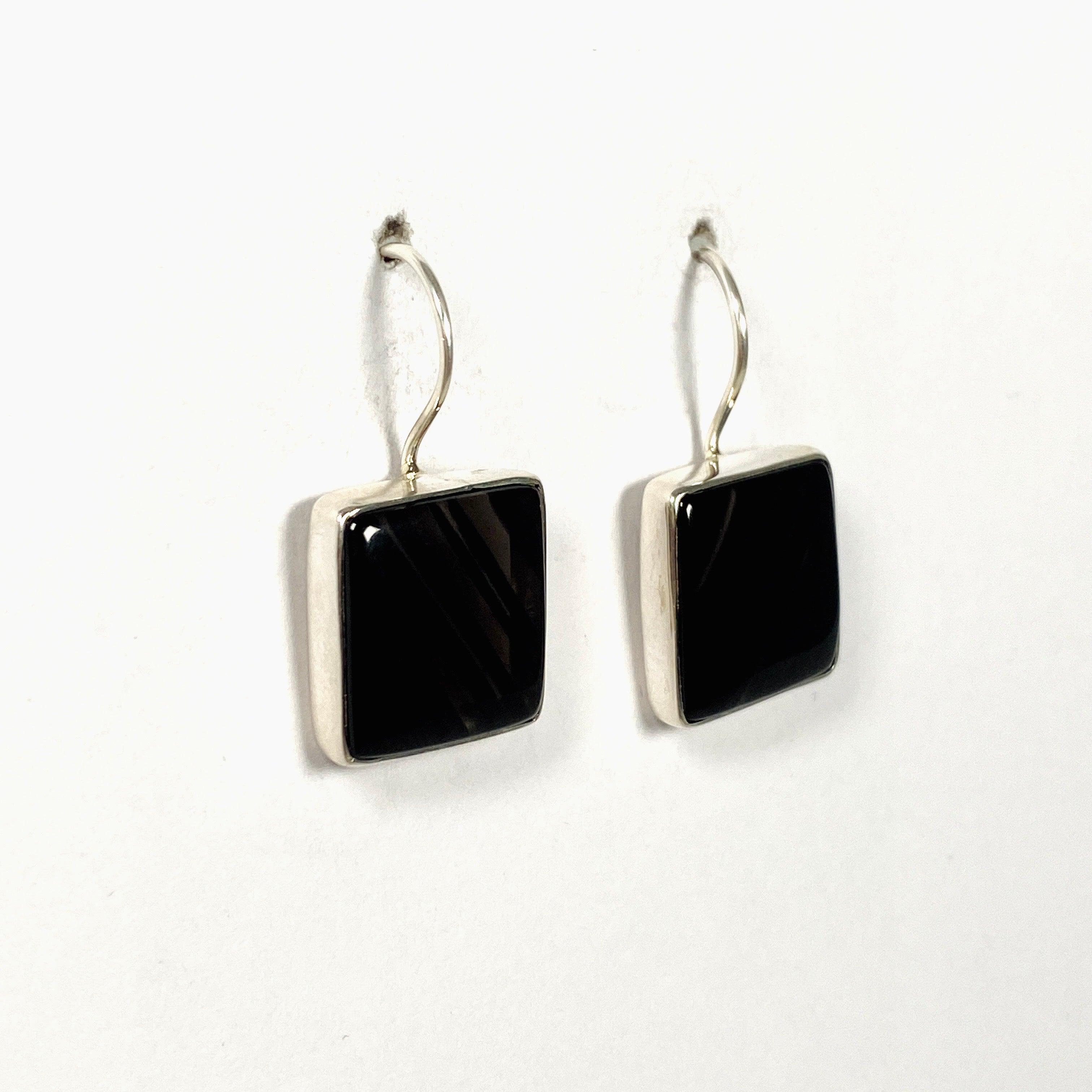 Midnight Obsidian Square Hook Earrings for Women - Elegant Black Gemstone Jewelry Gift for Parties, Weddings & Evening Events - KEGJ1350