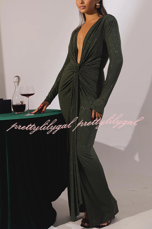 Elegant Solid Color Shiny V-Neck Long Sleeve Ribbon Slit Slim Fit Maxi Dress for Women - Perfect for Evening Parties, Date Nights & Special Occasions