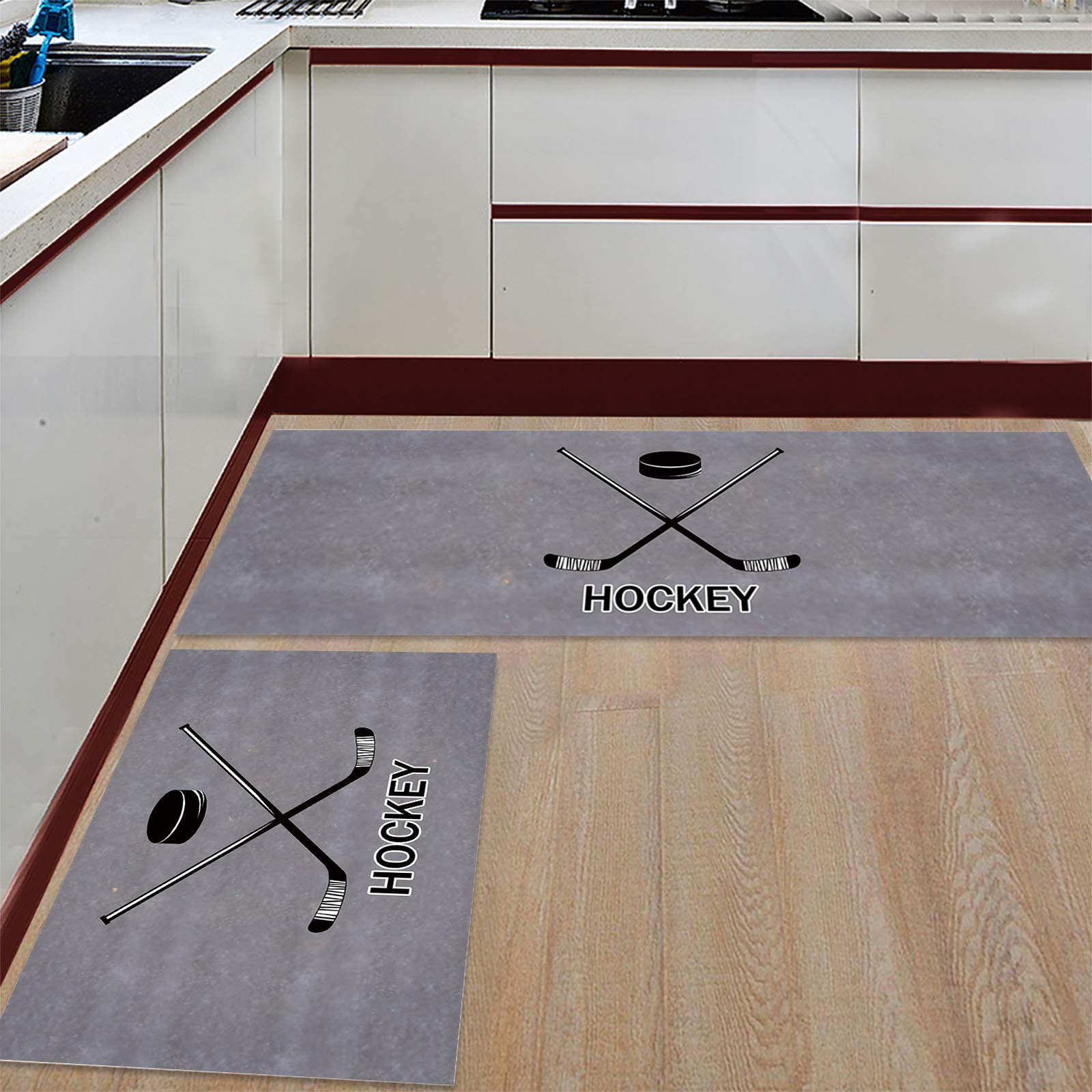 Non-Slip Kitchen Rug Set of 2 - Washable Hockey Sports Theme Floor Mats with Anti-Skid Backing - 15.7