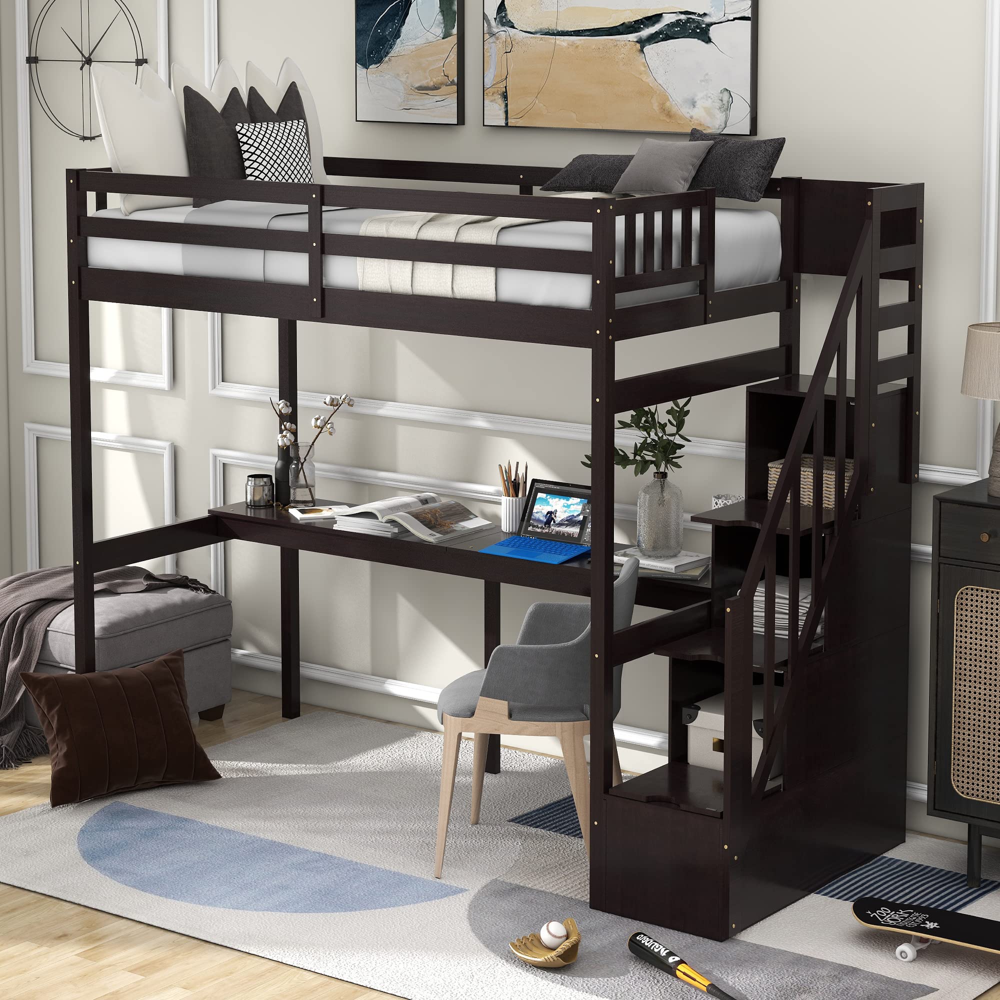 Harper & Bright Designs Twin Loft Bed with Desk & Storage Stairs - Solid Wood Bunk Bed Frame for Kids, Teens & Adults - Espresso Finish - Perfect for Small Bedrooms, Dorm Rooms & Home Offices