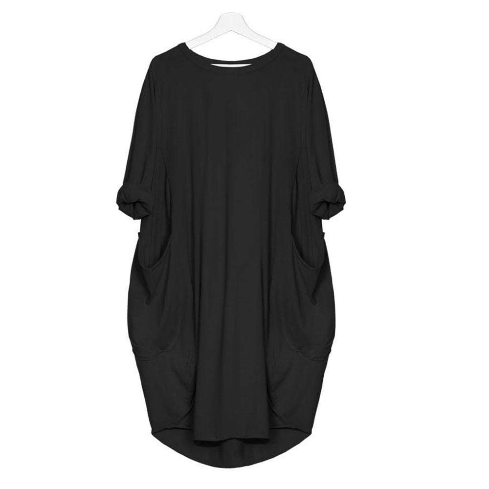 Women's Loose Fit Midi Tunic Dress with Pockets - Long Sleeve O-Neck Casual T-Shirt Dress for Summer | Oversized Comfort Wear for Work, Travel & Everyday Outfits