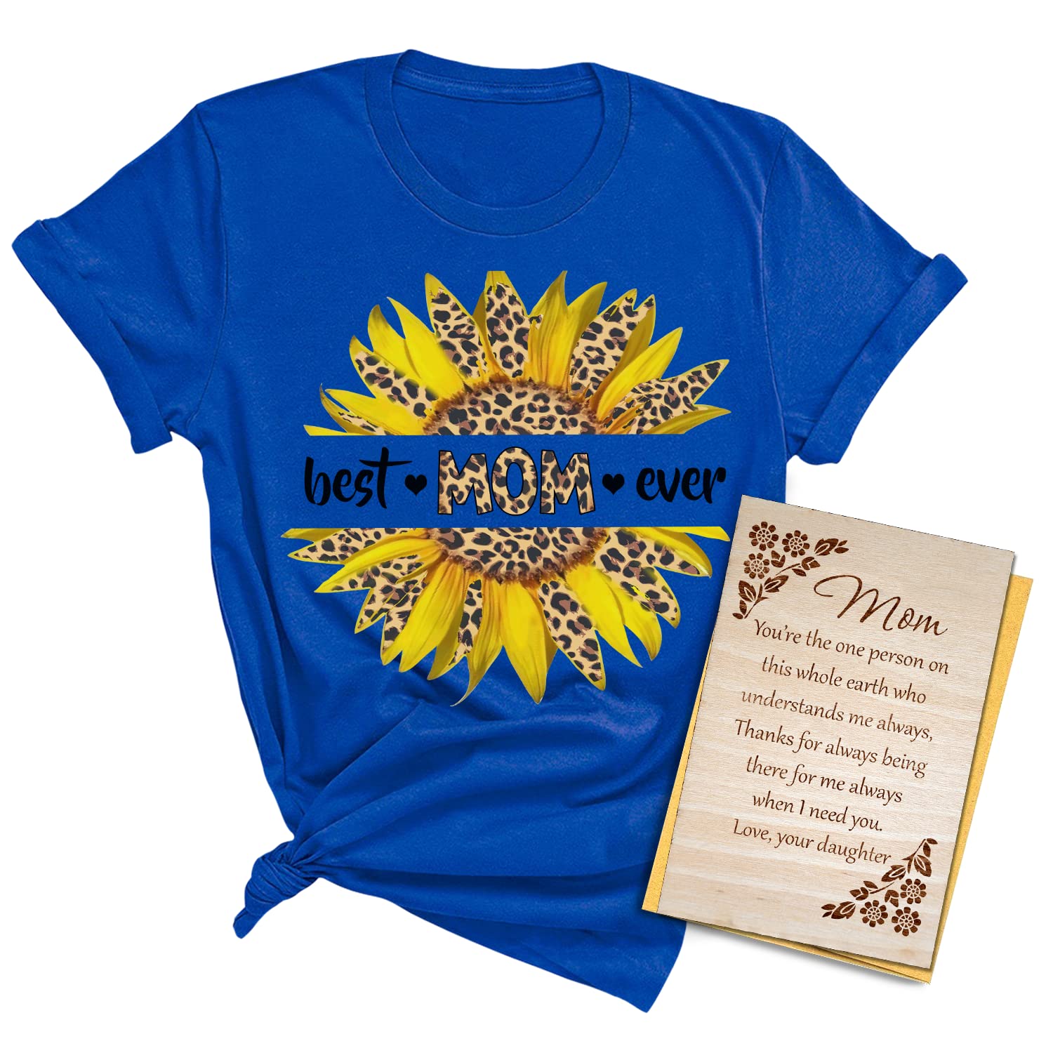 Tlovely - Best Mom Ever T-Shirt & Wooden Greeting Card Gift Set for Mother's Day - Perfect Present from Son to Mom for Birthday, Christmas & Special Occasions