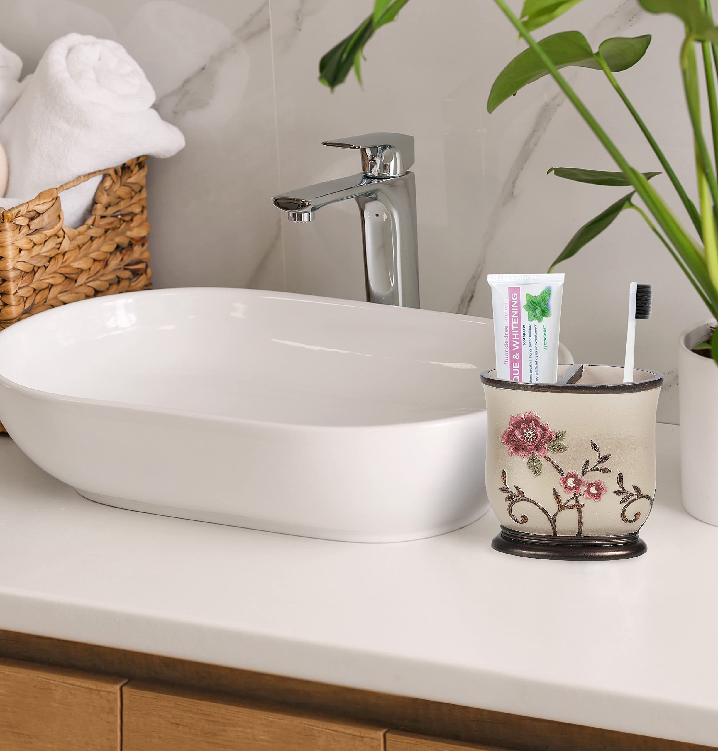 Larrisa Collection Rose Design Brown Bathroom Toothbrush Holder - Stylish and Functional for Bathroom, Vanity, and Countertop Organization