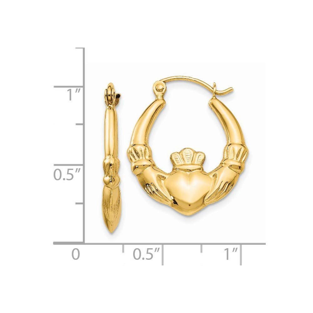 14K Yellow Gold Polished Claddagh Hoop Earrings - 12mm Length - Irish Celtic Love Friendship Loyalty Jewelry - Perfect for Weddings, Anniversaries & Gifts