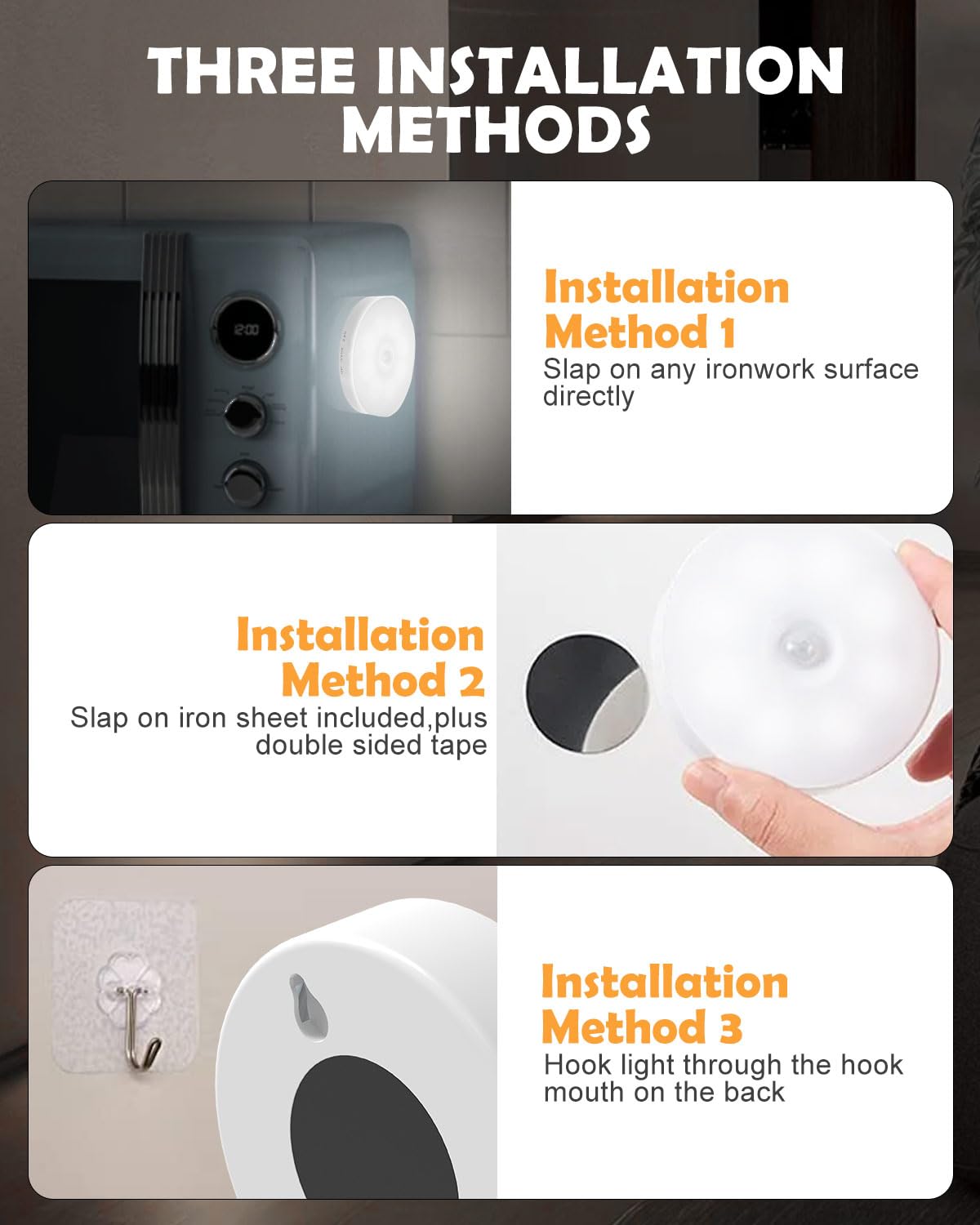 KALAHOL Motion Sensor LED Lights Indoor 6 Pack - USB Rechargeable Under Cabinet Lighting, Stair Lights, Night Lights with 3 Modes - Magnetic Mount for Kitchen, Closet, Stairs & Cupboards (Ideal for Nighttime Safety & Energy-Efficient Home Lighting)