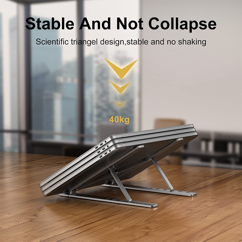 Portable Aluminum Foldable Laptop Stand - Adjustable Notebook Base Holder for Ergonomic Computer Support, Black - Ideal for Home, Office, and Travel Use