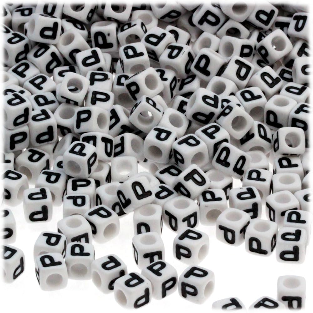1,000-Piece Alphabet Beads - 7mm White Opaque Cube Beads with Black Letter P for Jewelry Making, DIY Crafts, Bracelets & Keychains - The Crafts Outlet