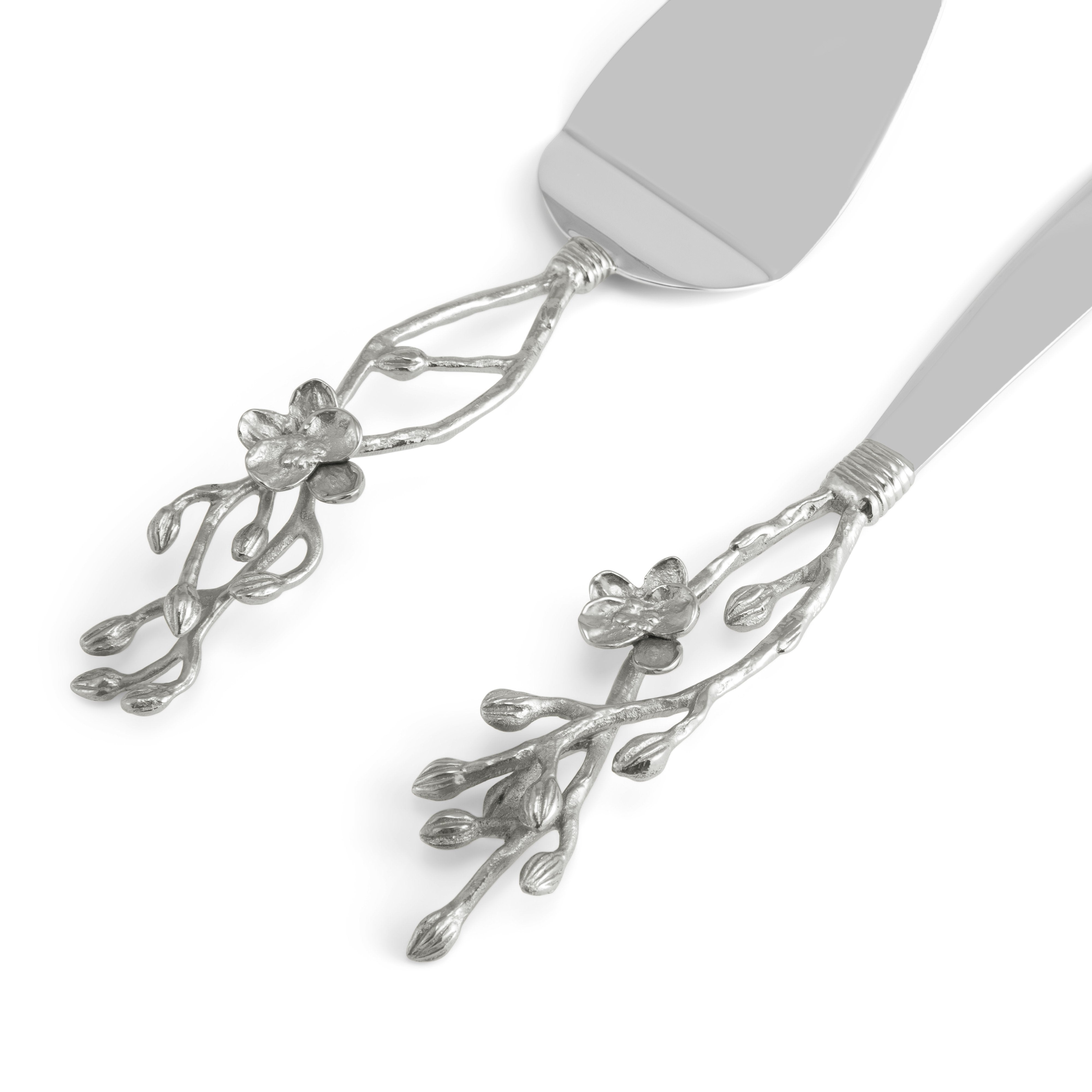 Elegant White Orchid Wedding Cake Knife and Server Set - Stainless Steel Cake Cutting Set for Bridal Showers, Anniversaries & Special Occasions
