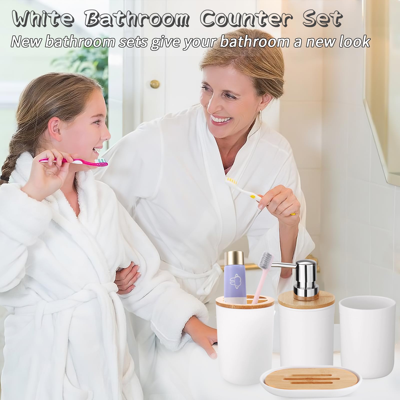 SLDIYWOW 9-Piece White Bathroom Accessories Set - Includes Trash Can, Vanity Tray, Soap Dispenser, Soap Dish, Toothbrush Holder, Cup, Toilet Brush & Q-Tip Holders | Modern Bathroom Organization for Home & Guest Bathrooms