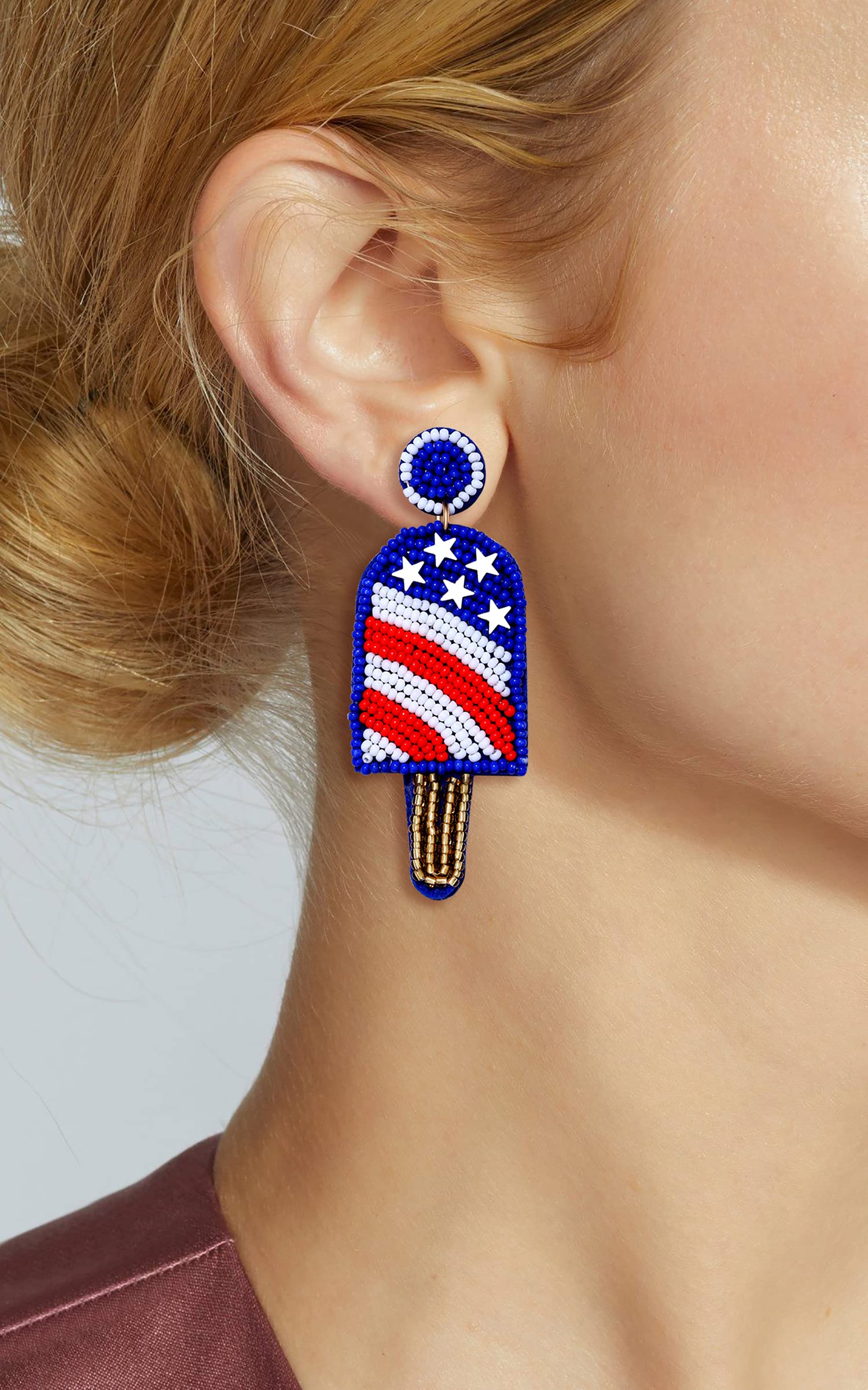 American Flag Beaded Drop Earrings for Women - Handmade Bohemian Patriotic Dangle Earrings, 4th of July Independence Day Party Jewelry Gift for Girls | Perfect for Festivals, National Holidays & Casual Wear
