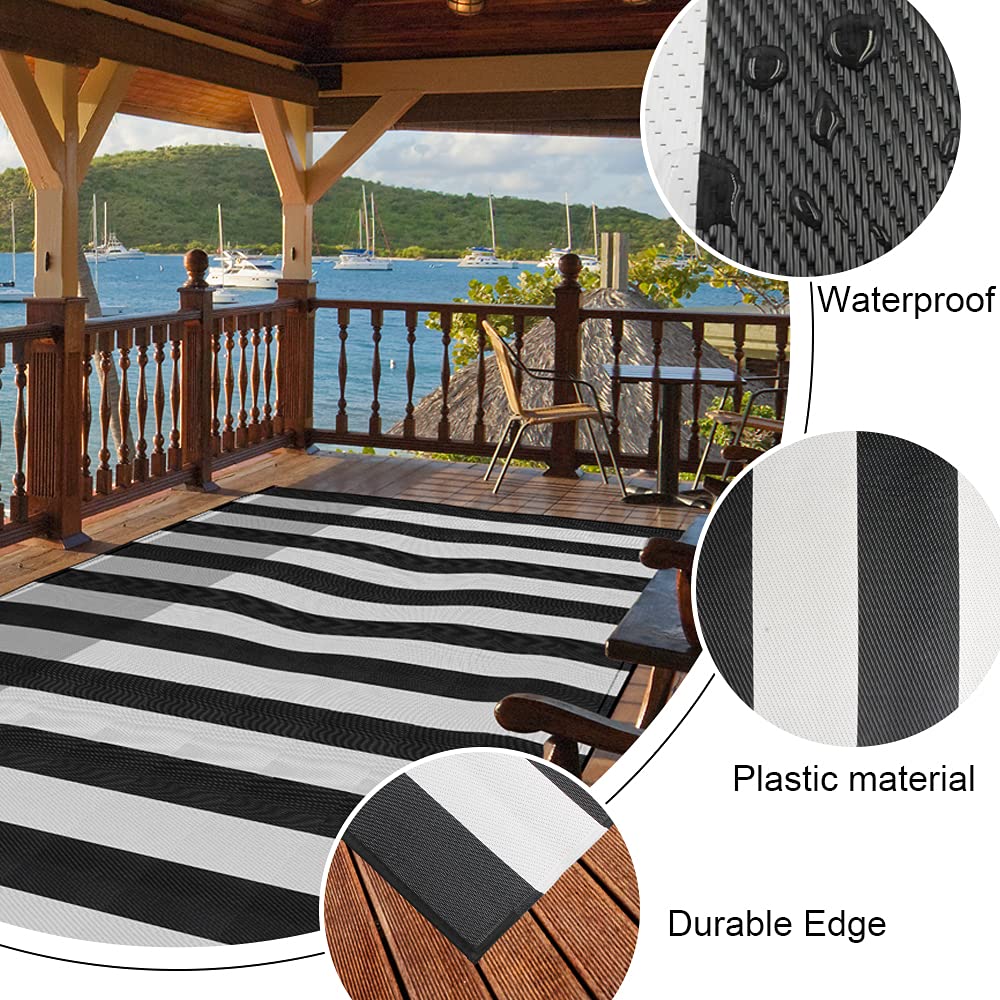 PCINFUNS 5'x8' Waterproof Plastic Straw Rug - Reversible Outdoor Patio Mat for RV, Deck, Porch, Camping, Picnic, Beach & Balcony - Foldable, Durable & Easy to Clean - Perfect for Outdoor Gatherings, Poolside Lounging & Summer Entertaining (Black & White)