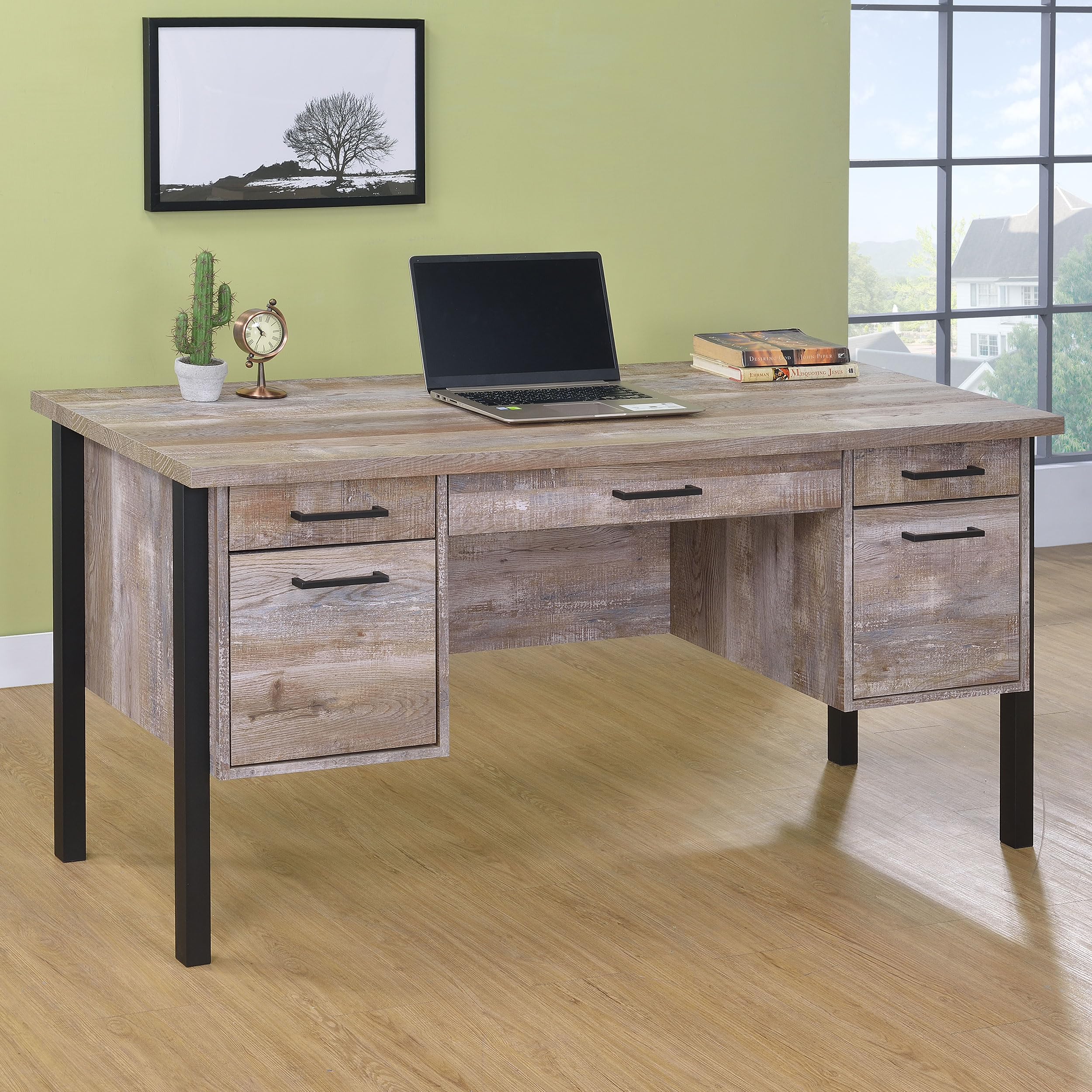 Coaster Furniture Samson 4-Drawer Writing Desk in Weathered Oak & Black - 801950 | Home Office Desk with Storage for Study & Work