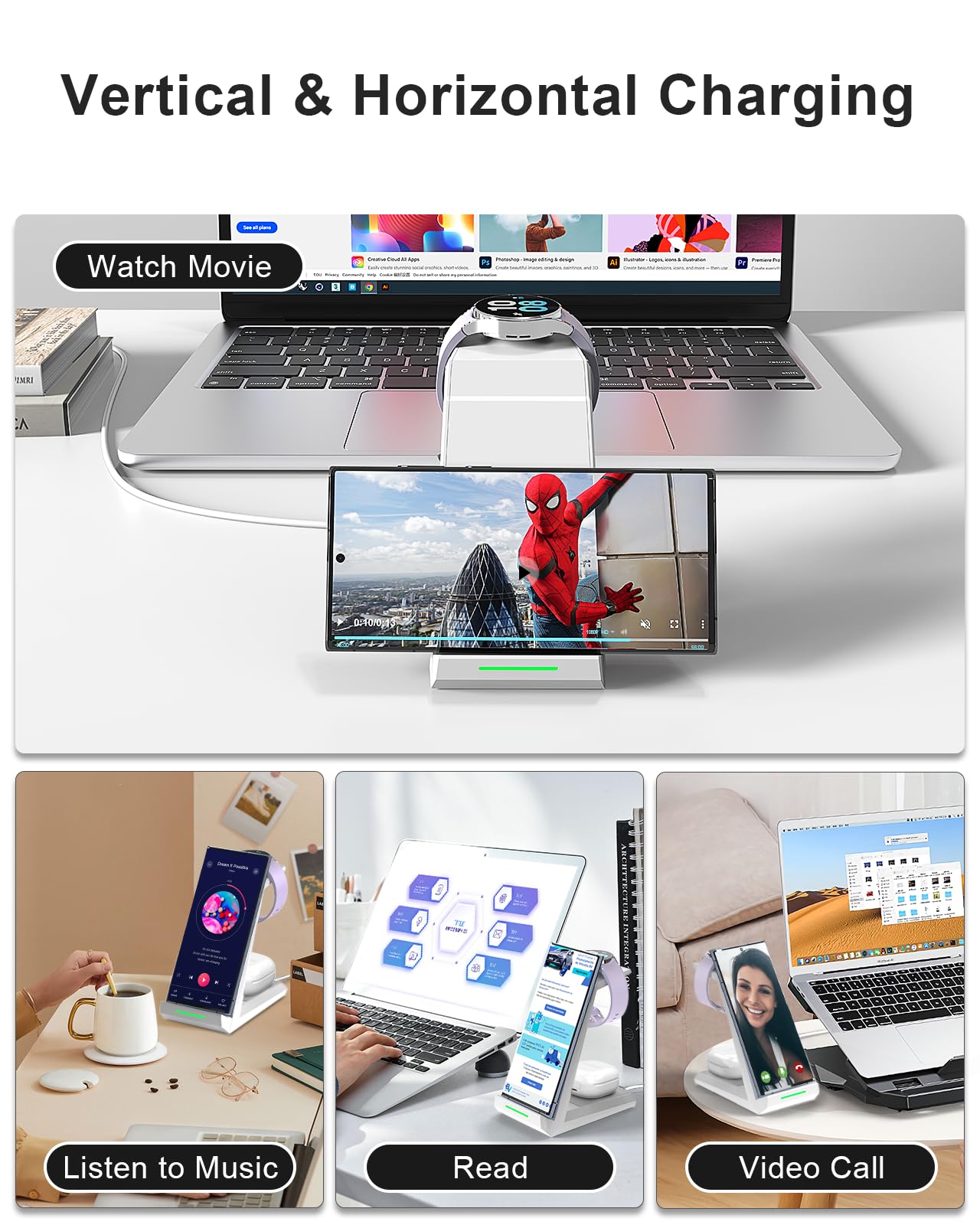 ADADPU 3-in-1 Wireless Charging Station for Samsung - Fast Charger Dock for Galaxy S24 Ultra/S23/S22/S21 FE/Z Flip 5/Fold 4, Galaxy Buds 2/Pro, Galaxy Watch 6/5/4 - Perfect for Home, Office & Travel