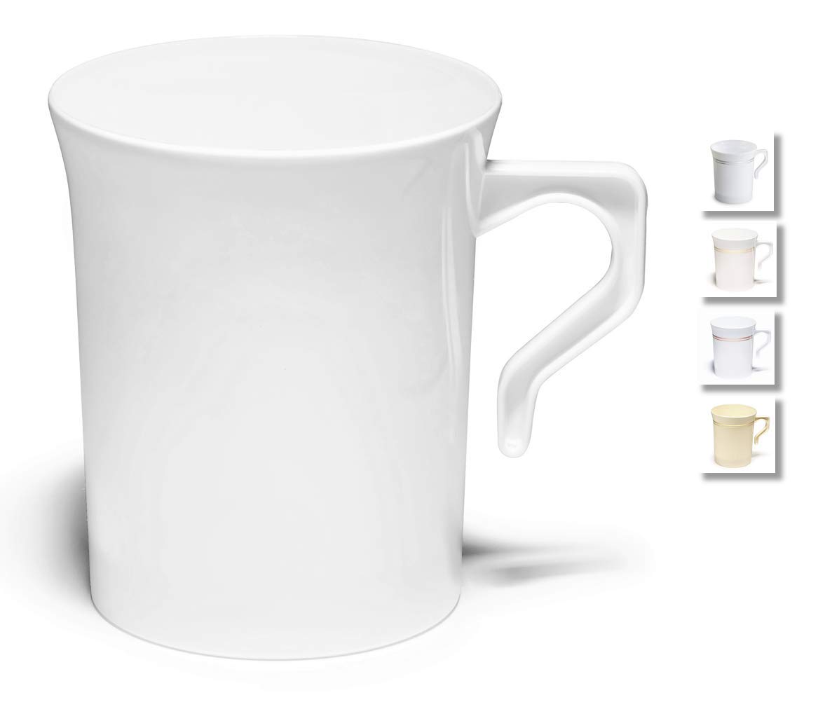 240 Pack Heavyweight Disposable 8 oz Plastic Coffee Cups with Handles - Wedding, Party, Office Use - White Tea Mugs for Cappuccino, Espresso & Hot Beverages
