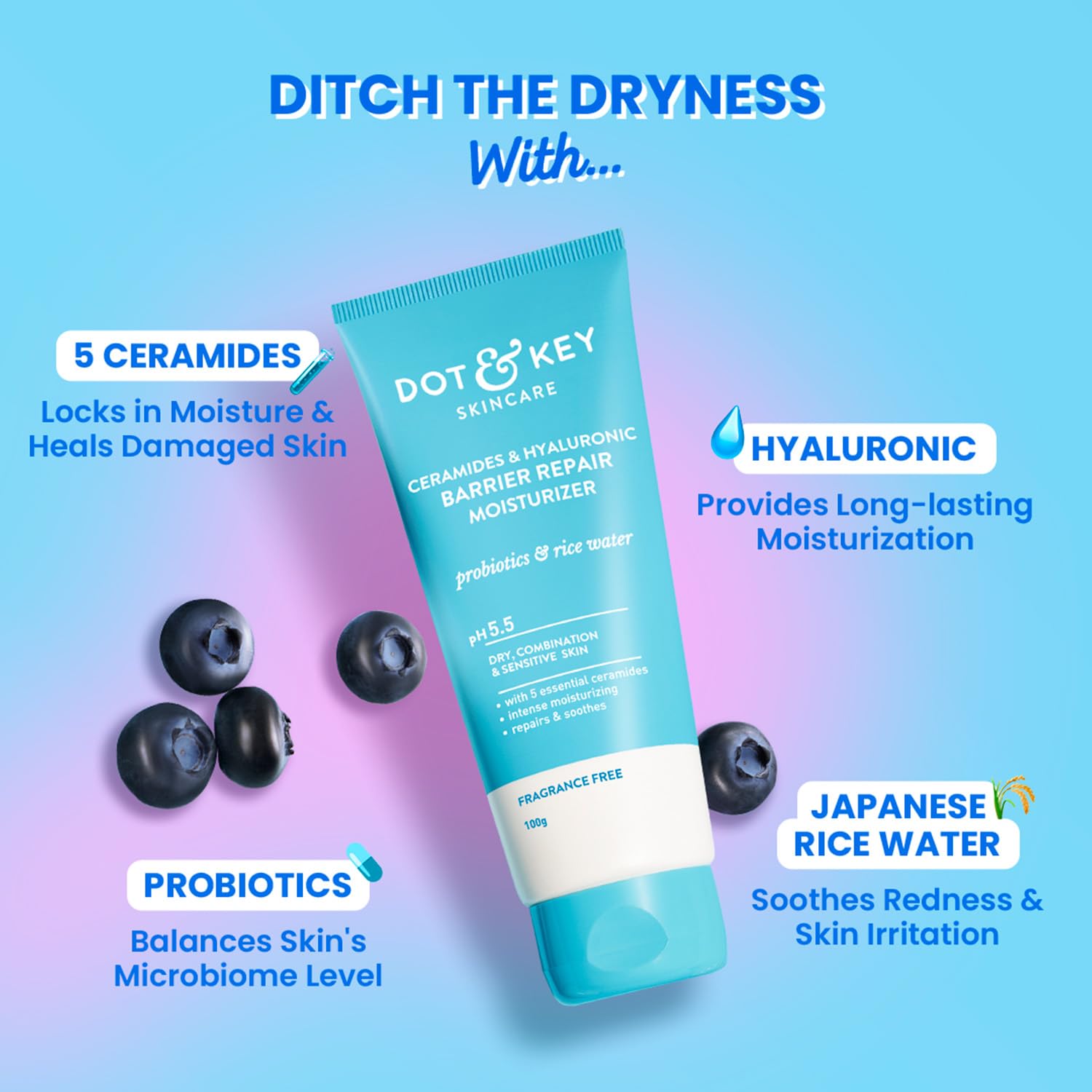 Dot & Key Ceramides Moisturizer with Hyaluronic Acid & Probiotics | Intense Hydration & Skin Barrier Repair Cream | Rice Water Formula for Dry, Normal & Sensitive Skin | 100g | Perfect for Night Care & Daily Skincare Routine