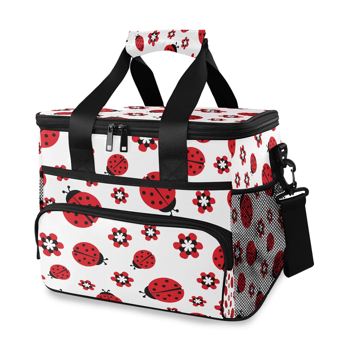 AUUXVA Large Insulated Cooler Bag - Waterproof, Leakproof & Reusable for Camping, Picnic, Beach & Travel - Floral Red Ladybug Design Lunch Tote for Outdoor Activities & Daily Use