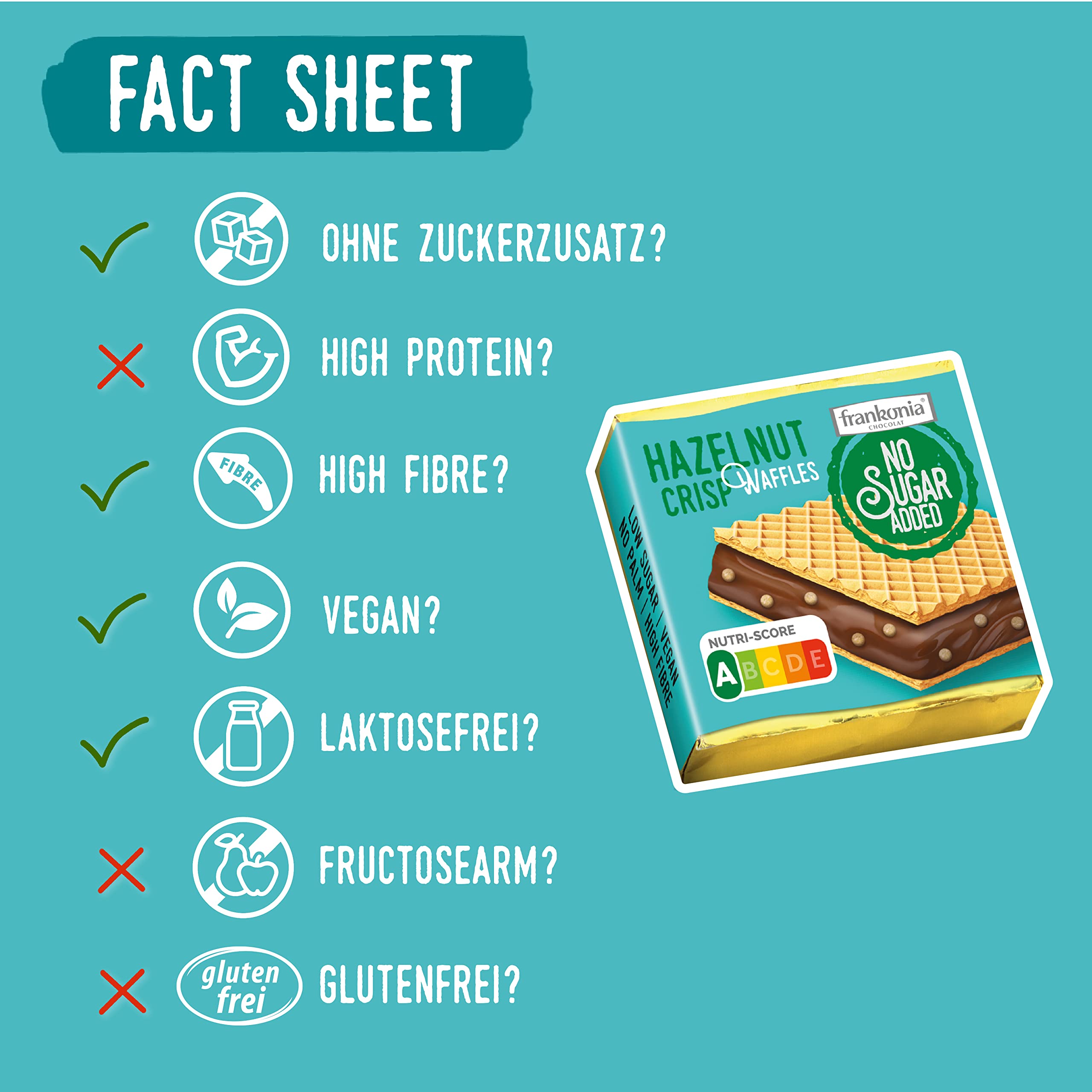 Frankonia Sugar-Free Hazelnut Crisp Waffles - 9 Pieces, Brown | Low Carb Keto Snack for Breakfast, Office & Travel