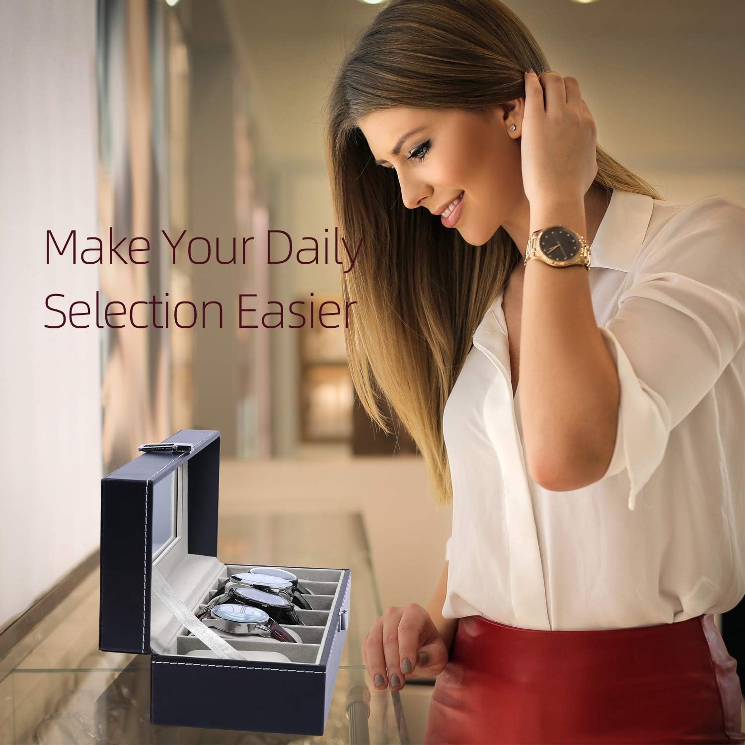 Ohuhu 6 Slot Watch Box with PU Leather & Real Glass Lid - Premium Watch Display & Storage Case for Men & Women - Perfect for Travel, Home, Office & Gift Giving