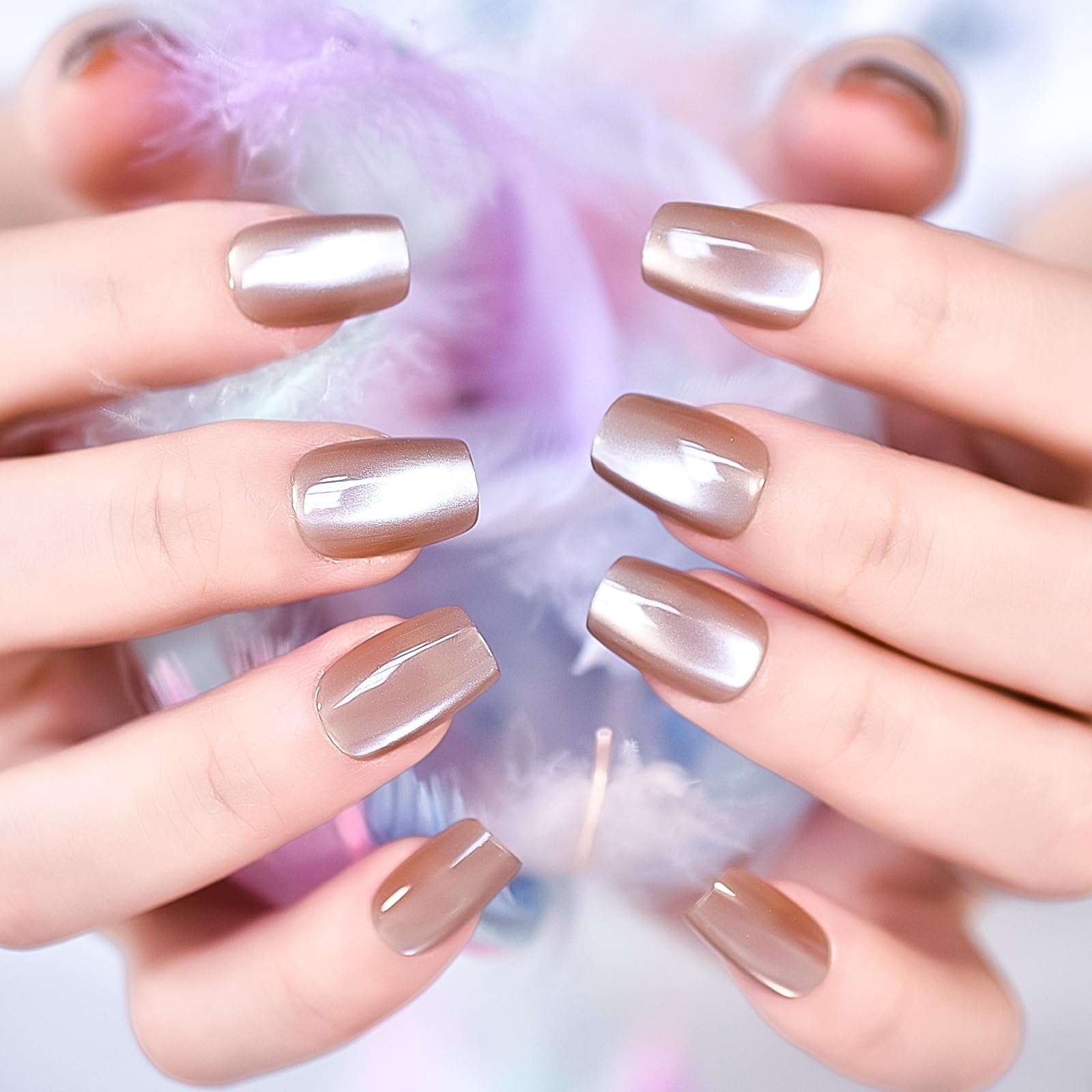 30pcs Glossy Ombre Brown Press On Nails - Cat Eye Salon Manicure Medium Coffin Squoval Fake Nails | Reusable Acrylic False Nails for Women & Girls | Perfect for Parties, Weddings, Date Nights & Everyday Wear
