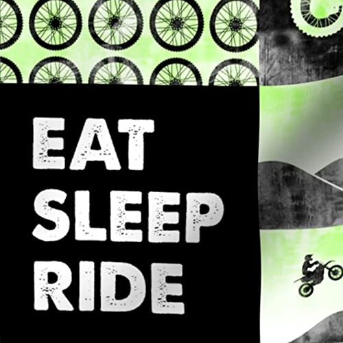 Green Motorcycle Patchwork Cheater Quilt Fabric - Motocross Dirt Bike Eat Sleep Printed on Soft Minky Fabric by The Yard - Perfect for Sewing Baby Blankets, Quilt Backing & Plush Projects - Ideal for Nursery Decor, DIY Crafts & Home Decor