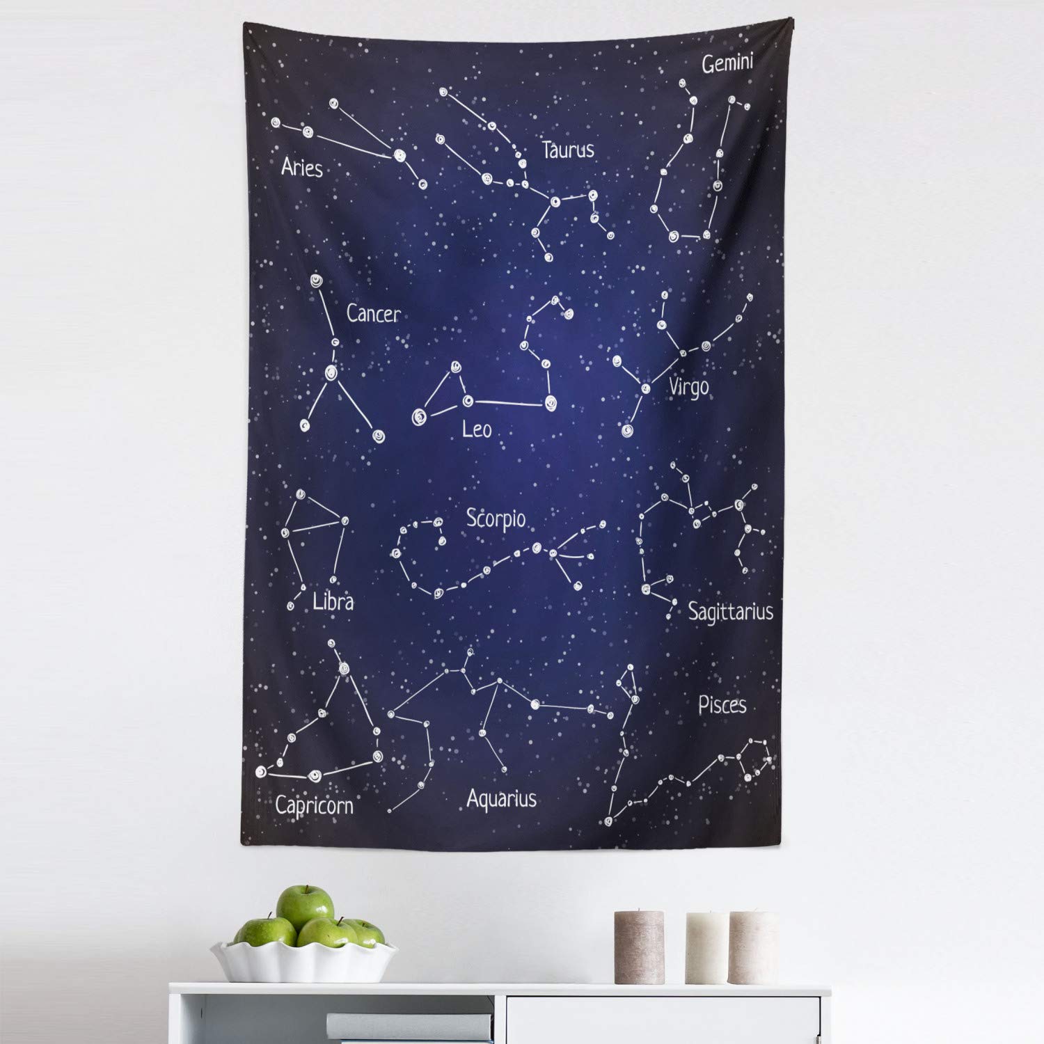 Ambesonne Constellation Tapestry Wall Art - Zodiac Star Clusters & Sign Names in Chalk Doodle Style, 30x45 Inch Blue Dark Blue White Fabric Hanging Decor for Bedroom, Living Room, Dorm | Perfect for Boho Home Decor & Astronomy Lovers
