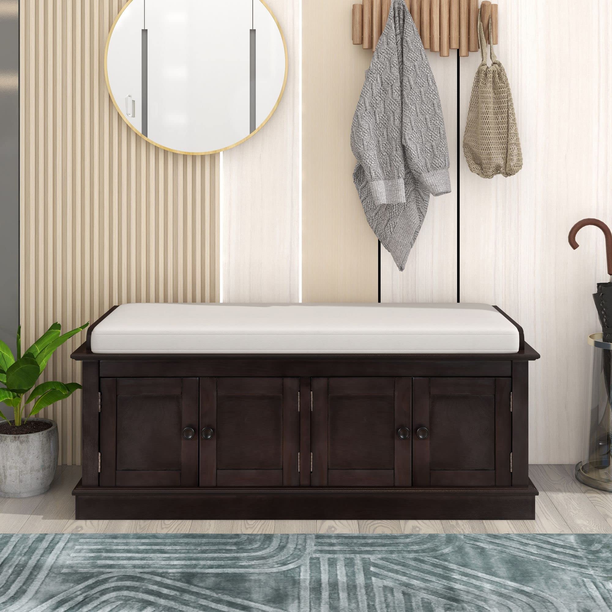 RUNNA Wooden Entryway Storage Bench with 4 Doors & Adjustable Shelves - Shoe Cabinet Ottoman with Removable Cushion for Hallway, Living Room, Bedroom - Espresso Finish - Perfect for Small Space Organization & Entryway Seating
