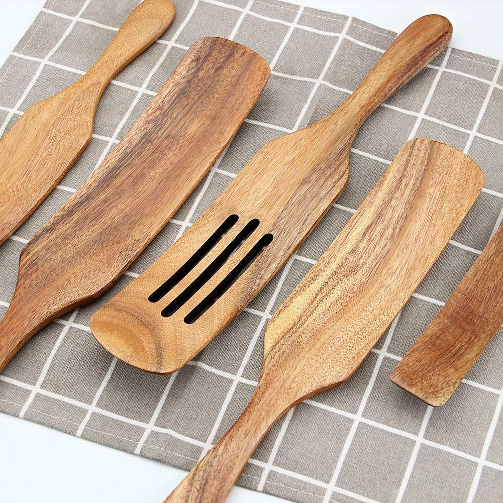 AOOSY 5-Piece Natural Acacia Wood Cooking Utensil Set - Wooden Spatula, Spurtle & Heat-Resistant Non-Stick Kitchen Tools for Stirring, Flipping & Serving - Perfect for Non-Stick Pans, Cooking Shows & Home Chefs