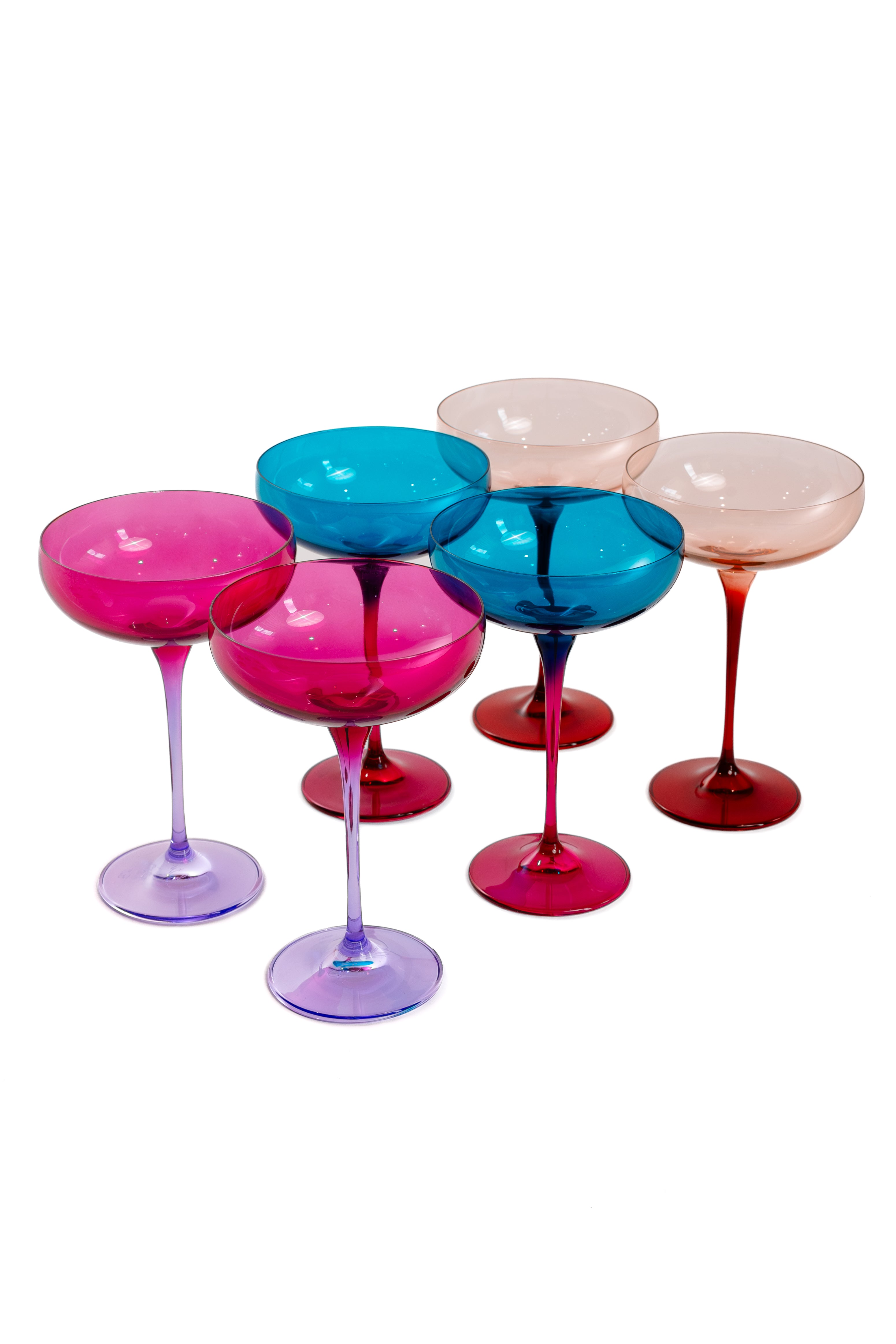 Estelle Colored Champagne Coupe Glasses - Set of 6 Jewel-Toned Stemware for Parties & Celebrations | Elegant Colorblock Mixed Glassware for Weddings, Bridal Showers & Special Occasions