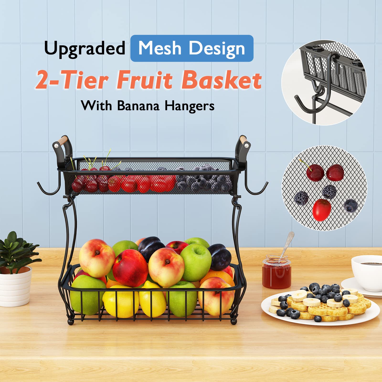2-Tier Metal Fruit Basket with Banana Hangers - Countertop Kitchen Organizer for Fruits, Vegetables, Onions, Potatoes, Bread & Snacks - Perfect for Pantry, Dining Table & Countertop Storage