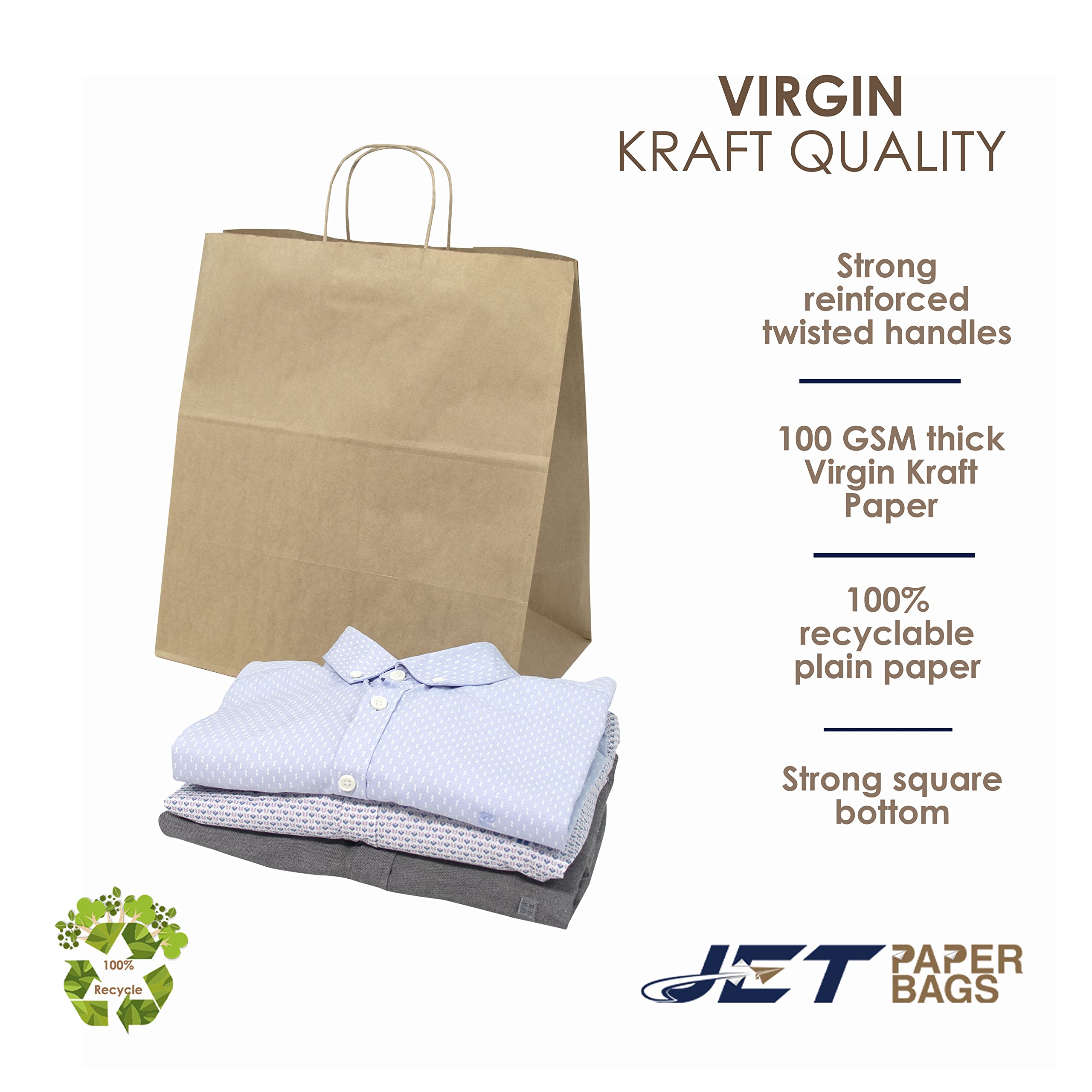 JET PAPER BAGS - 14”x9.5”x15.5” Large Brown Kraft Paper Bags with Handles [250 Pcs] - Eco-Friendly Recyclable Takeout Bags for Grocery, Retail, Parties, Weddings & Gift Giving - Perfect for Food Delivery, Shopping, and Special Occasions