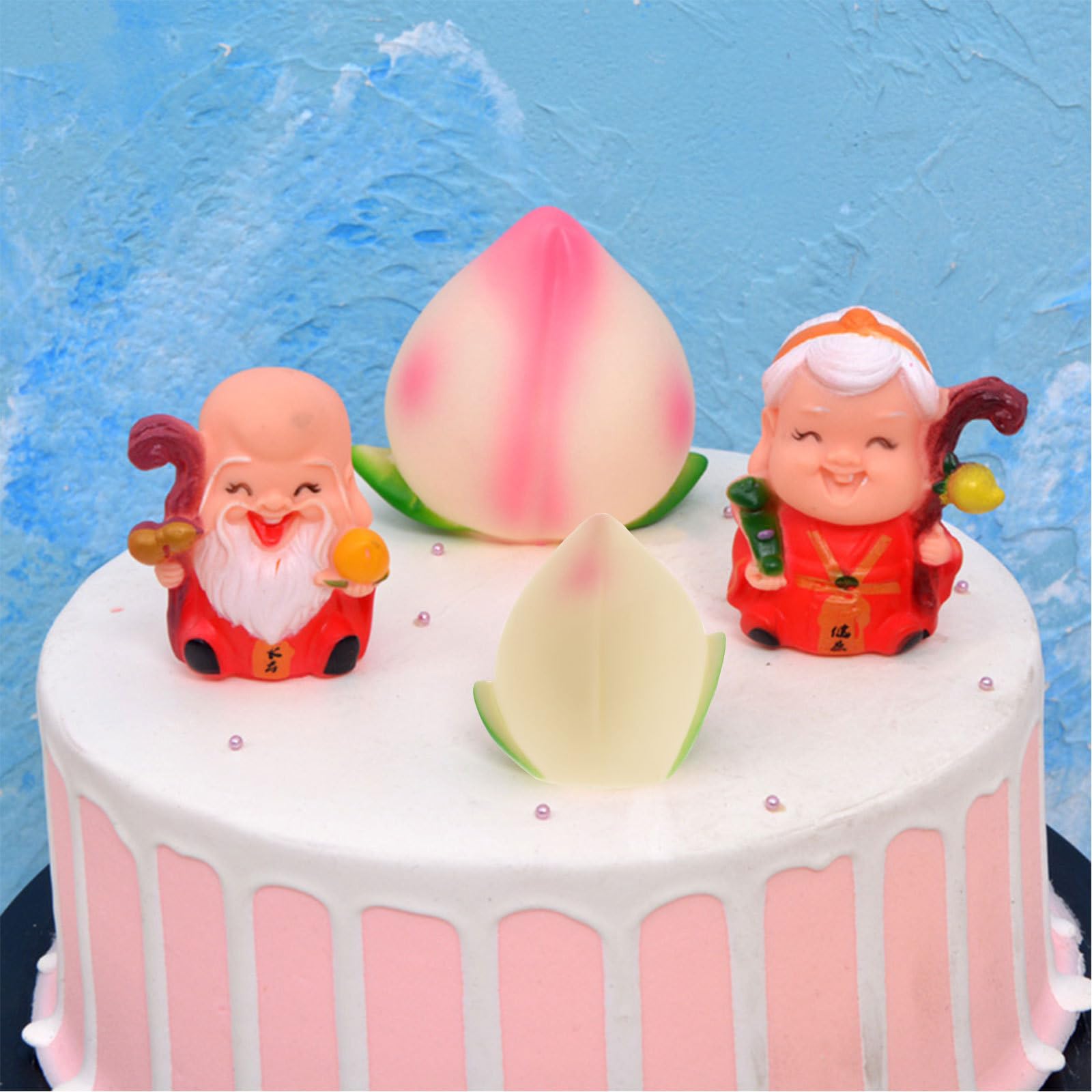 5PCS Longevity Peach Cake Topper Set - Vinyl Birthday Cake Decorations for Elderly & Senior Birthday Parties - Chinese Style Happy Birthday Ornaments - Perfect for Milestone Celebrations & Cultural Events