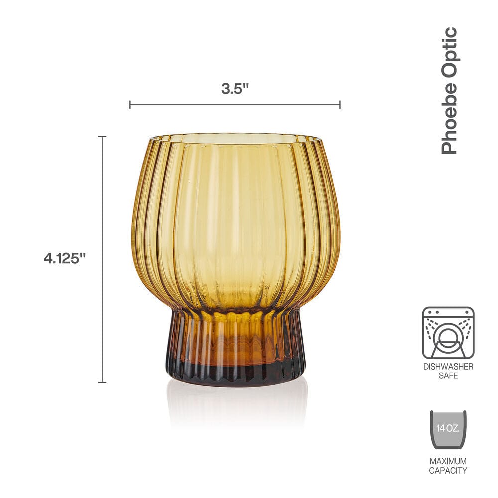 Phoebe Optic Amber Set of 4 Double Old Fashioned Whiskey Glasses - Perfect for Bourbon, Cocktails & Home Bar Decor