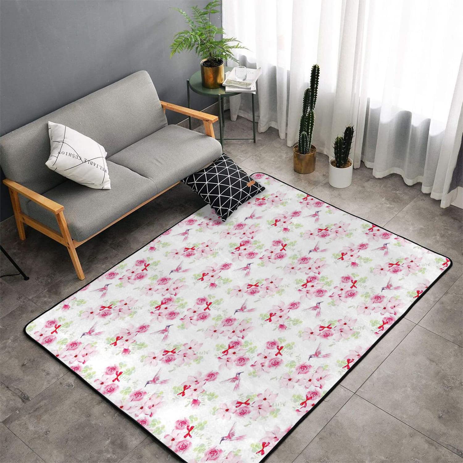 Hummingbird Floral Area Rug - Modern Indoor Carpet with Magnolia & Rose Pattern (67x102 Inch) for Living Room, Bedroom & Home Decor