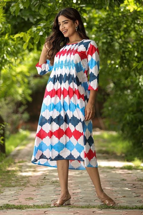 SootiSyahi 'Valley Of Flower' Handmade Block Printed Cotton Dress - Boho Chic Floral Summer Dress for Women, Perfect for Beach Vacations & Outdoor Festivals