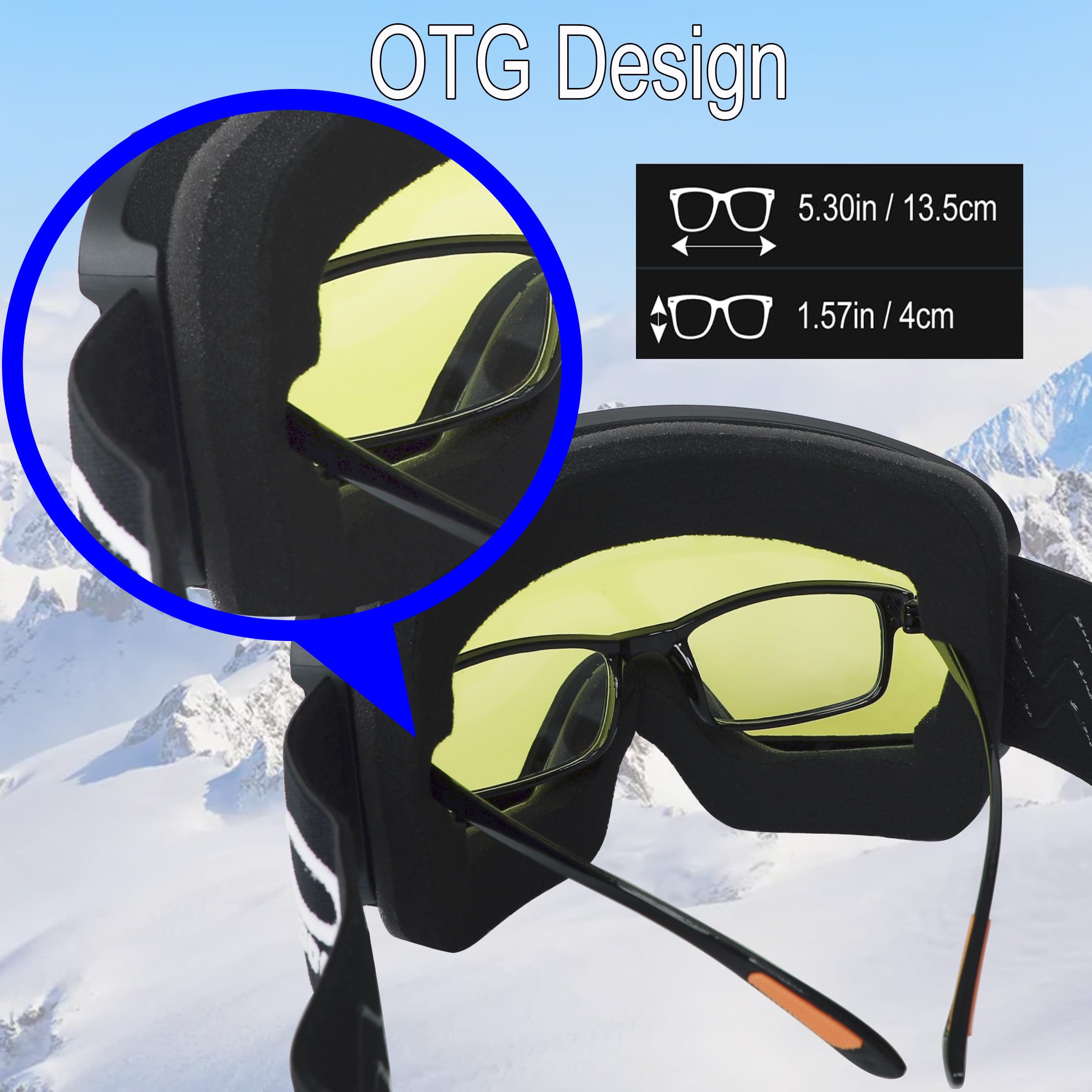 OTG Ski Goggles for Men, Women & Youth - Over Glasses Snowboard Goggles with 100% UV Protection & Anti-Glare Lens - Perfect for Skiing, Snowboarding & Winter Sports