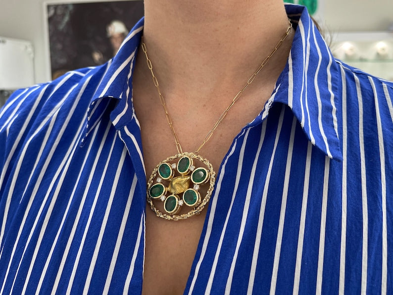 14K Gold Natural Medium Rich Green Oval Emerald & Round Diamond Brooch Necklace - 15.84tcw Elegant Jewelry for Weddings, Parties & Special Occasions