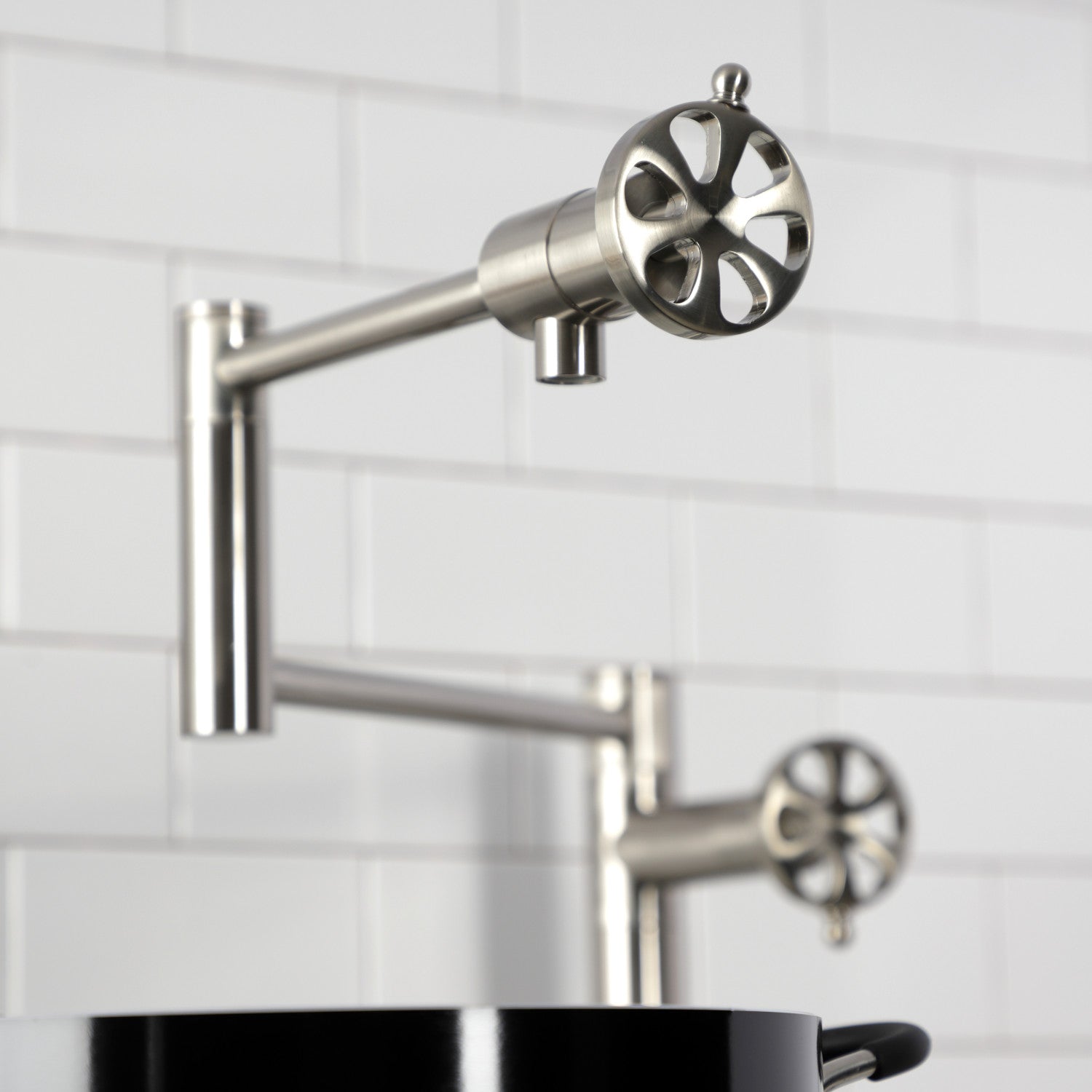 Belknap KS4708RX Brushed Nickel Two Handle Deck Mount Pot Filler Faucet - Perfect for Kitchen Sink, Stove & Cooking Area