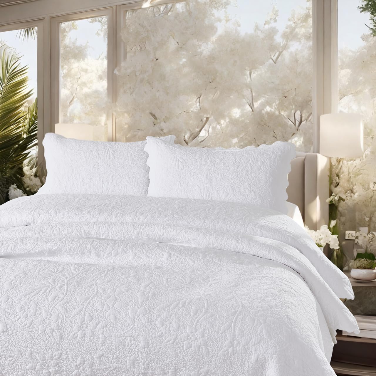Brandream White Quilt Set Queen/King Size - 100% Cotton Matelasse Coverlet Bedding Set - Farmhouse Style Queen Size Bedspread (98x106 Inches with Standard Pillow Shams) - Perfect for Cozy Farmhouse Bedrooms, Guest Rooms & Vacation Homes