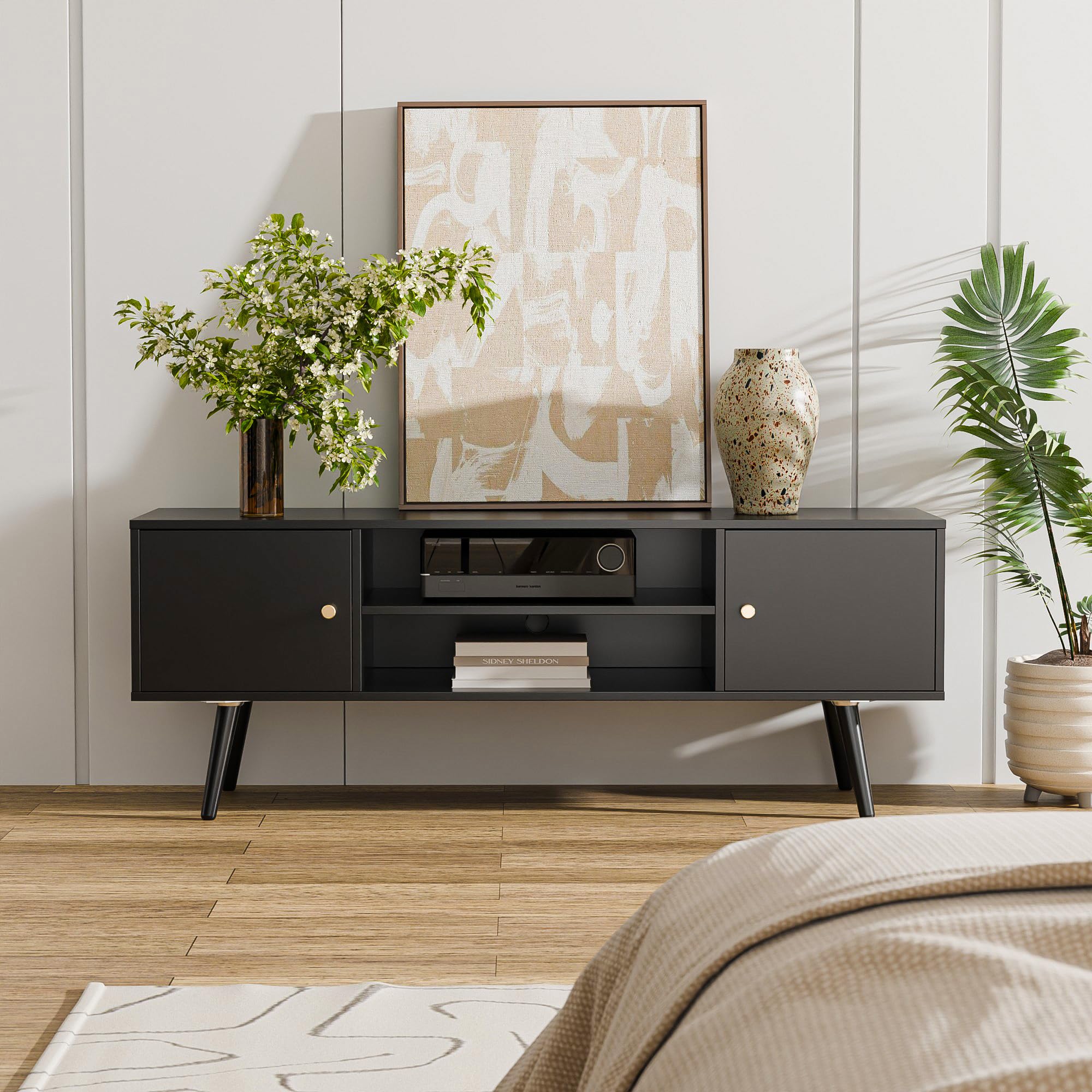 Mid Century Modern TV Stand for 55-60 Inch TVs - Cozy Castle Entertainment Center with Storage | Media Console Table for Living Room, Bedroom & Office | Perfect for Home Theater & Media Organization