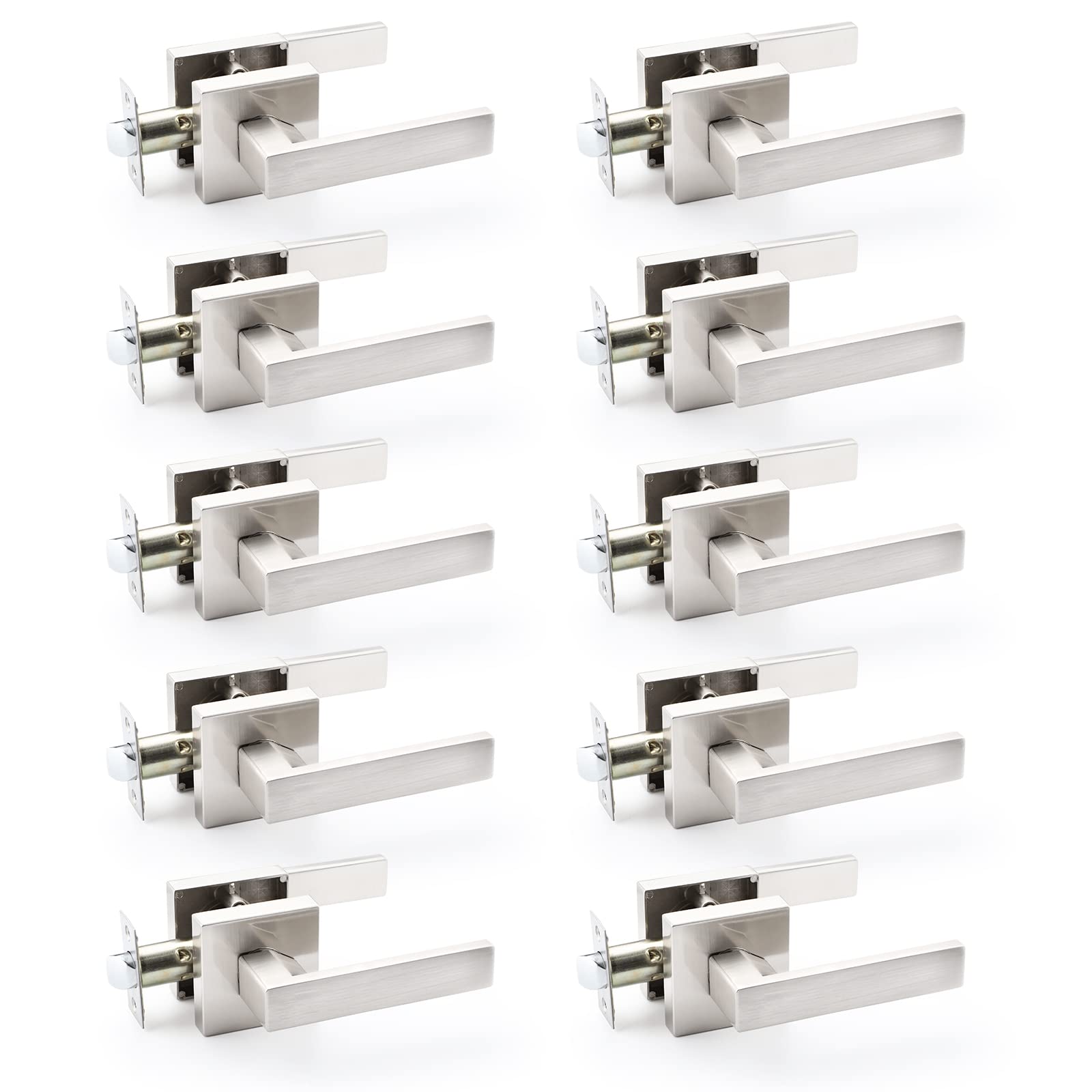 10 Pack Satin Nickel Interior Door Handles - Heavy Duty Passage Door Knobs for Hall, Closet & Bedroom - Left/Right Hand Compatible - Perfect for Home, Office & Commercial Spaces