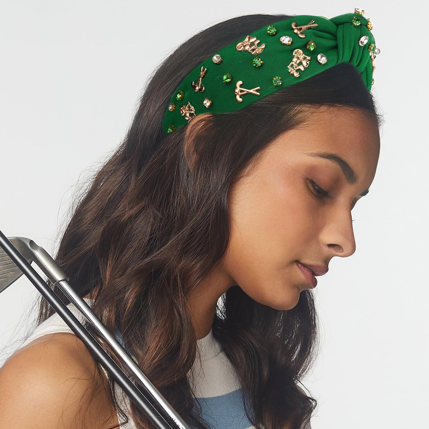 Elegant White Pearl Rhinestone Golf Headband for Women - Wide Knotted Jeweled Hair Accessory for Sports, Game Day & Casual Wear - Perfect Gift for Golf Lovers (Green)