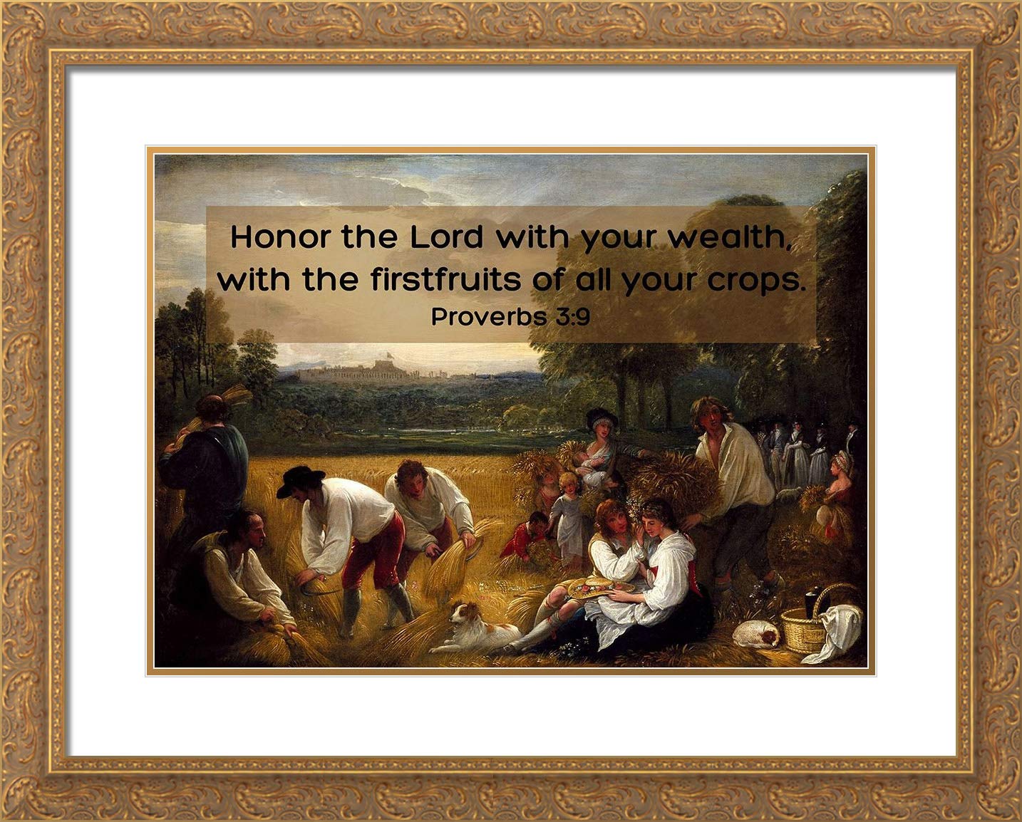 Benjamin West Harvesting Art Print - Gold Ornate Frame with Bible Verse Proverbs 3:9 for Home & Office Decor
